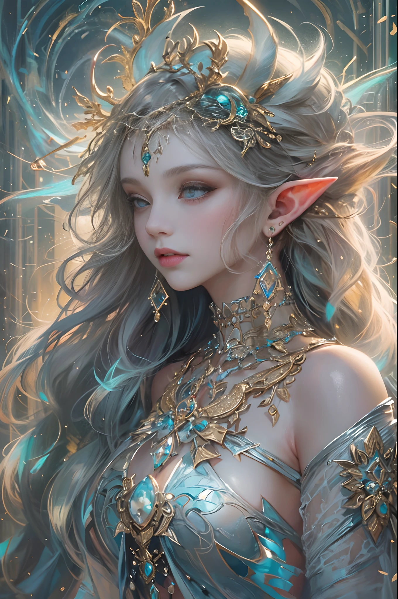 (masterpiece, top quality, best quality, official art, beautiful and aesthetic:1.2), (1 Elf girl), extremely detailed, ornate jewellery, long shapeless hair, (fractal art:1.3),colorful, cinematic lighting.