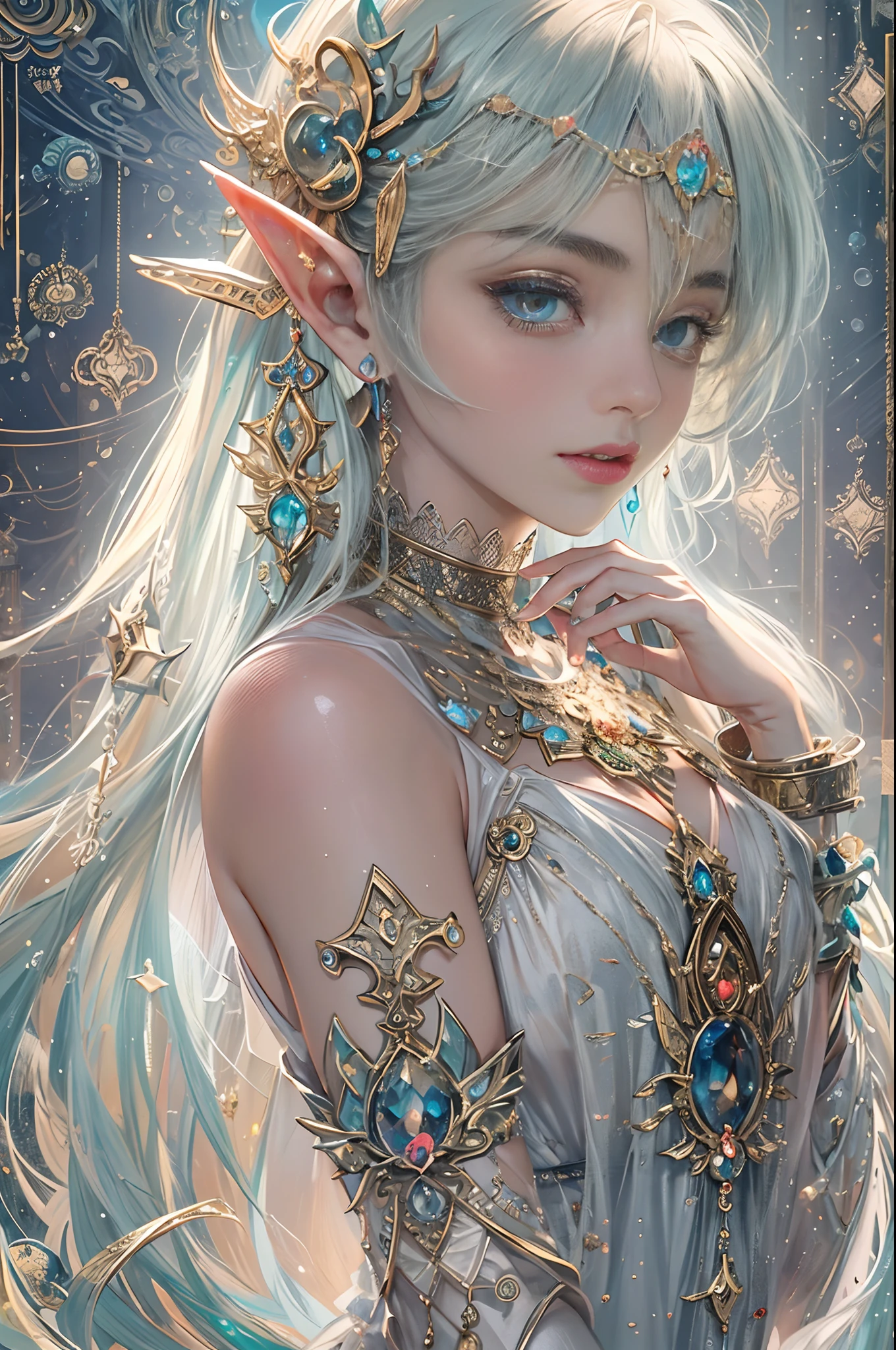 (masterpiece, top quality, best quality, official art, beautiful and aesthetic:1.2), (1 Elf girl), extremely detailed, ornate jewellery, long shapeless hair, (fractal art:1.3),colorful, cinematic lighting.