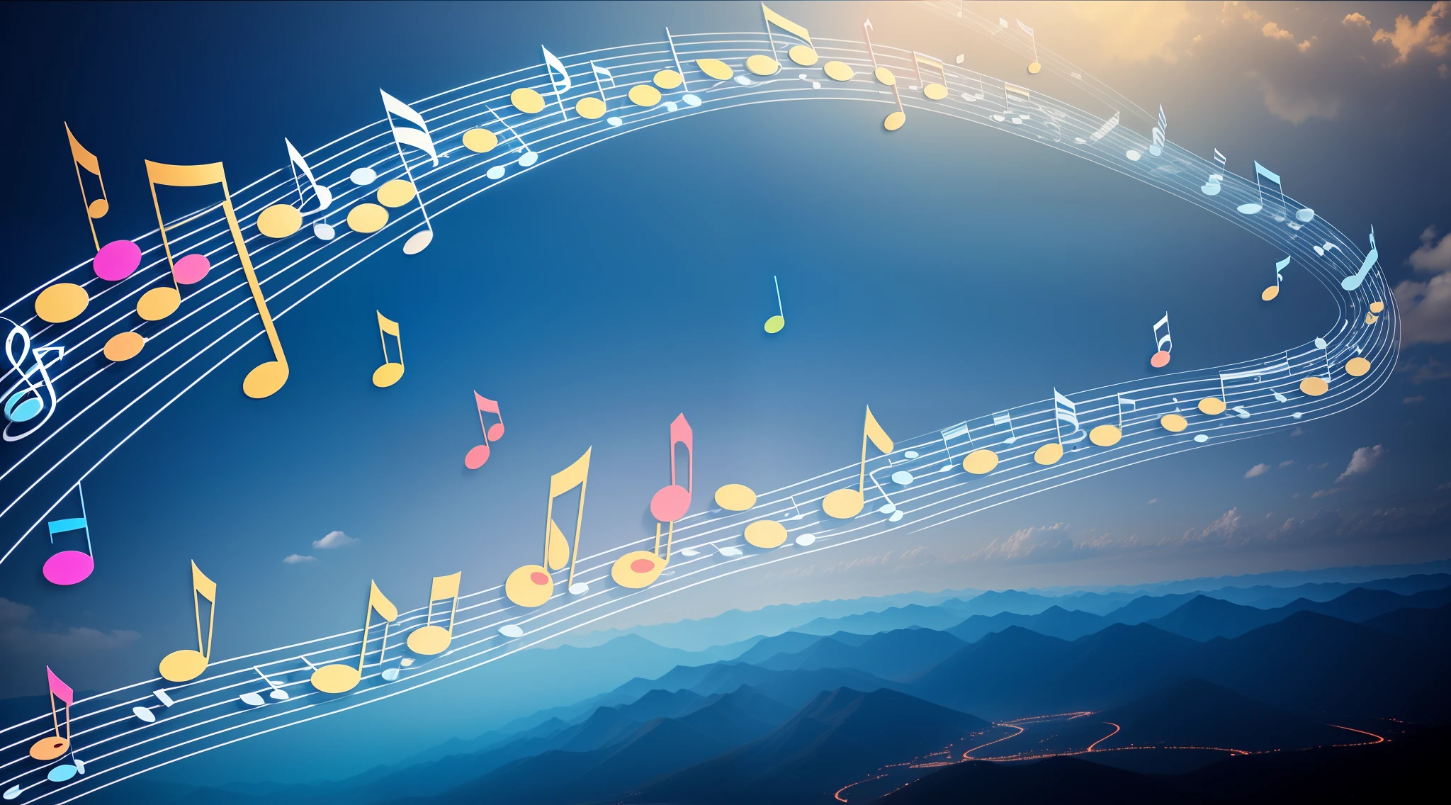 in a beautiful spectacular amazing place, musical notes C, D, E, F, G, A, B floating, personalized musical notes.