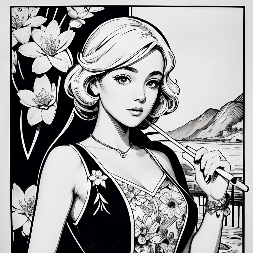 Black and white stick figure 1 girl with river lillies flower in background, in dress with flowers, its fine ink line art, comic style, portrait of ploynesian girl, Marilyn Munroe, Hollywood glam, beautiful line art, black and white comic style, manga style, manga art style, pencil and ink caricature drawing, black and white coloring