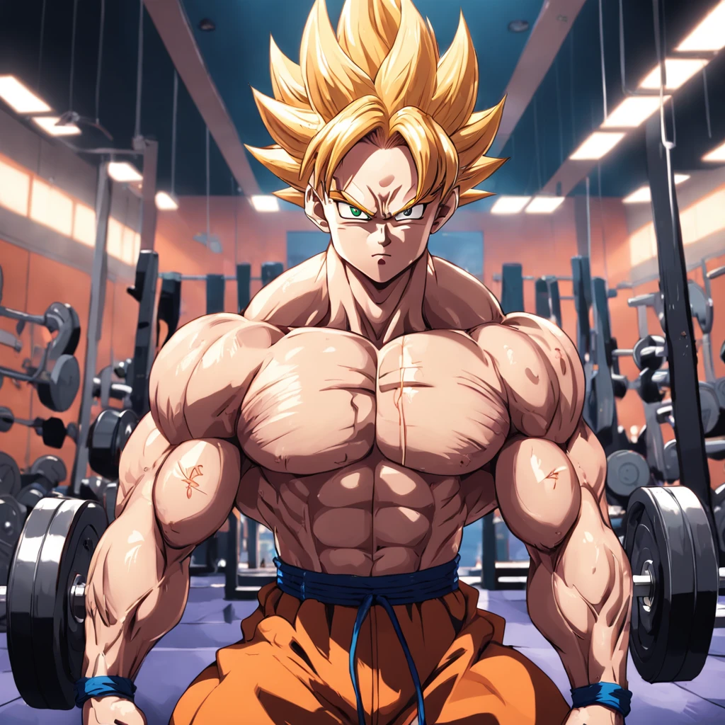 a detailed illustration Majim Boo, Dragon ball z, in gym clothes training intensely in a bodybuilding gym, corpo inteiro