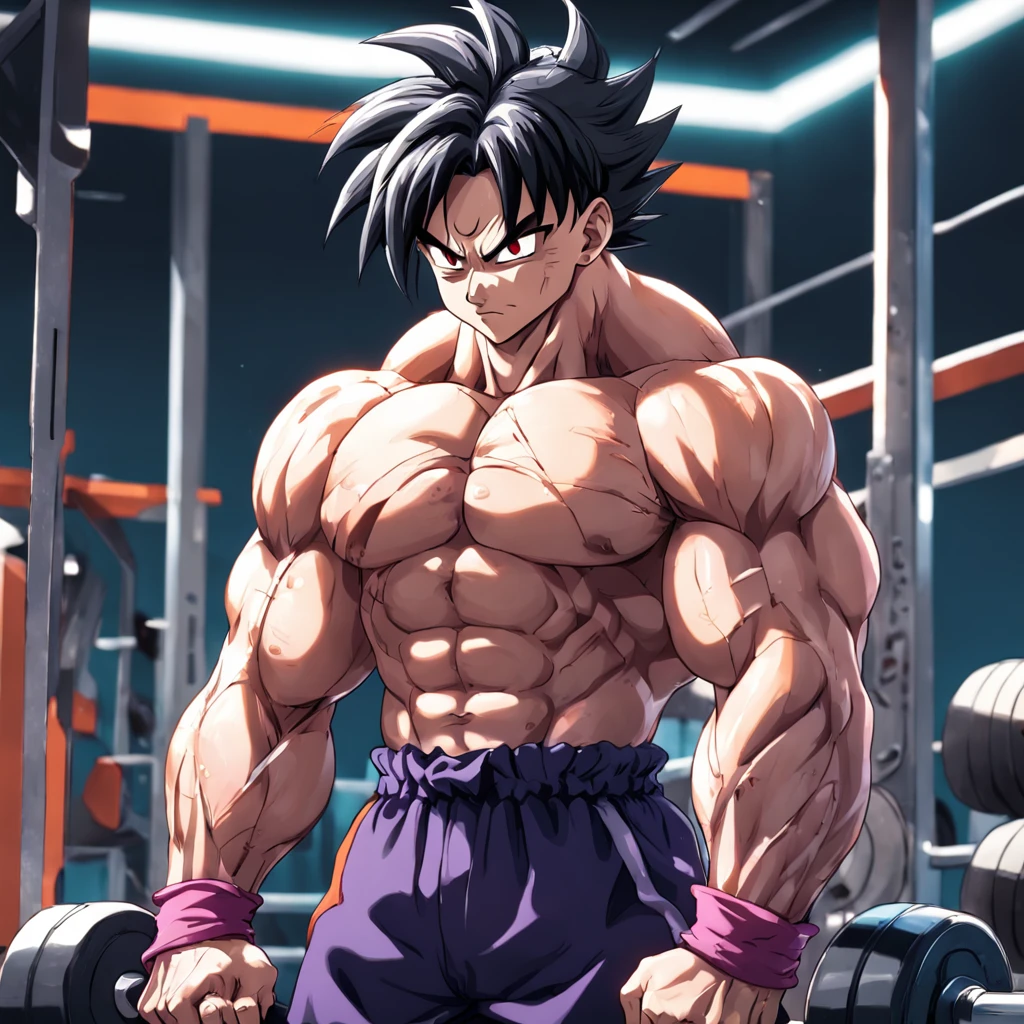 a detailed illustration Majim Boo, Dragon ball z, in gym clothes training intensely in a bodybuilding gym, corpo inteiro