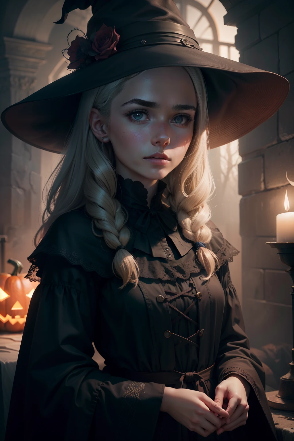 Ultra Realistic, close-up shot of The Witch Sabrina ((Kiernan Shipka)) From Chilling Adventure of Sabrina Series, masterpiece, best quality, highest quality, cinematic lighting, (volumetric lighting), extremely detailed CG unity 8k wallpaper, focused, 8k wallpaper, 4k wallpaper, extremely detailed, ultra realistic, photorealistic, sharp focus, absurdres, (HDR:1.2), (high contrast), photograph, detailed and intricate, instagram, portrait, highly detailed, digital painting, artstation, spooky, halloween, scary, fantasy, mystical, mist, scary, fantasy, featured on artstation, 8k