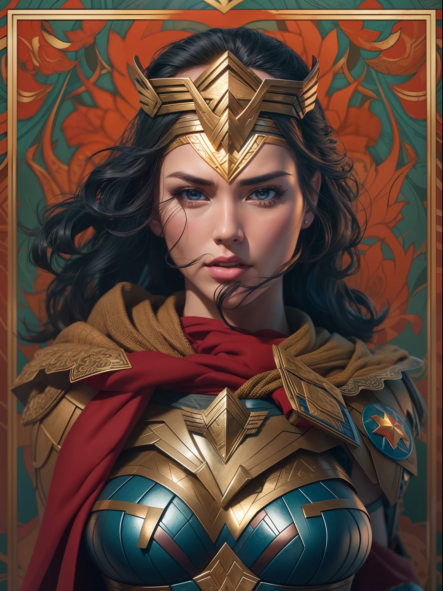 Wonder Woman, TM Samurai, intricate face details, poster style, icons, vibrant colors, vector style, digital art, 4K, intricate details, mesmerizing, professionally made, beautiful vector illustration, 12K resolution, 3D, all characters in detailed full body, highly detailed, vibrant, ultra high quality, Hyperrealism, Photorealism, octane render]