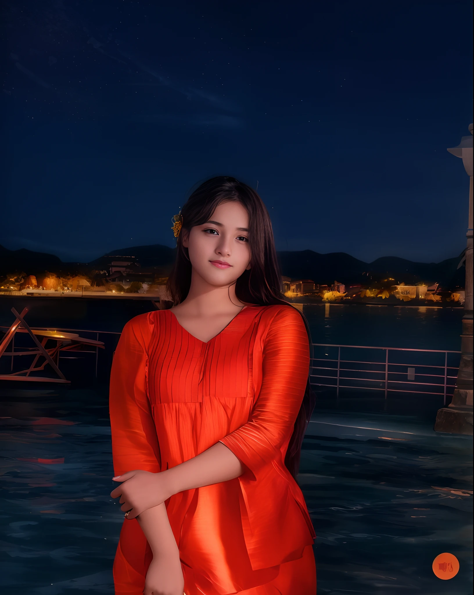 araffe woman standing in front of a body of water at night, at night time, with glowing lights at night, candid picture, with lovely look, at nighttime, night view, at night, very very low quality picture, with beautiful colors, in night, very beautiful girl, actress, beautiful pretty young, cute beautiful, during night, indian