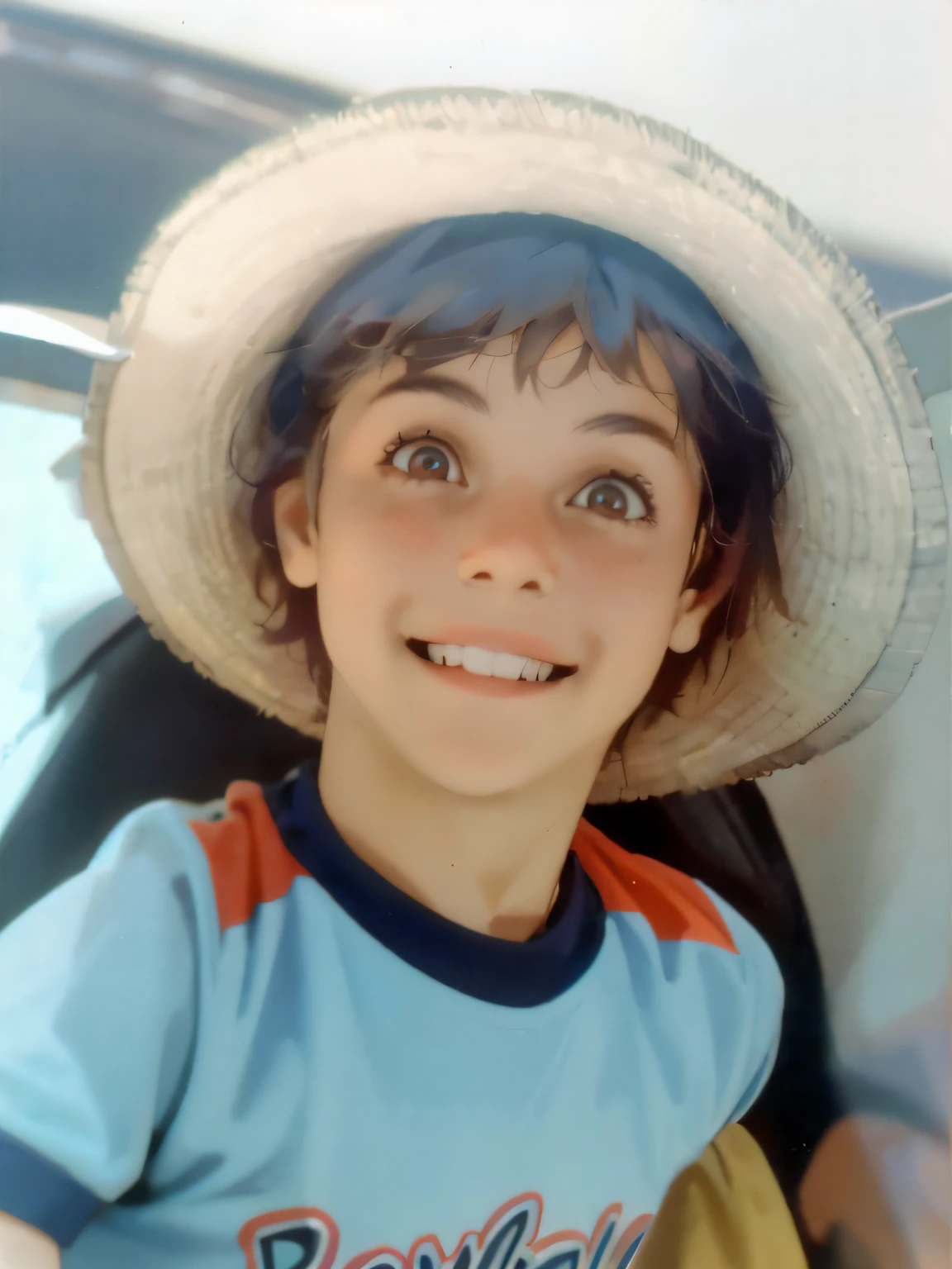 there is a young boy wearing a hat and smiling, with a weird hat, large eyes and menacing smile, very silly looking, taken in the late 1980s, kid, coloured photo, wearing a silly hat, avatar image, scary picture in color, 1 9 8 0 s photo, 1980s photo