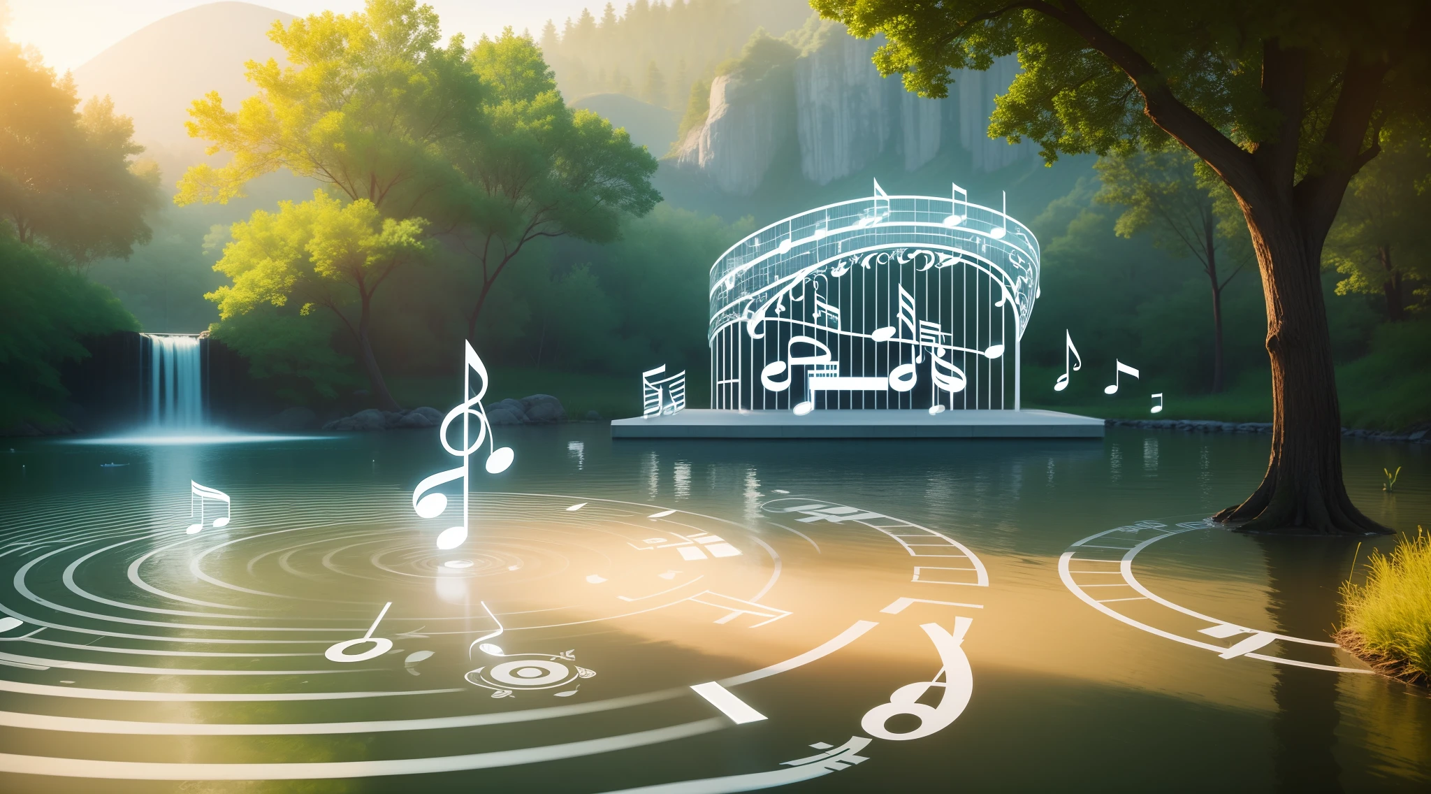 in a beautiful spectacular amazing place, musical notes C, D, E, F, G, A, B floating, personalized musical notes.