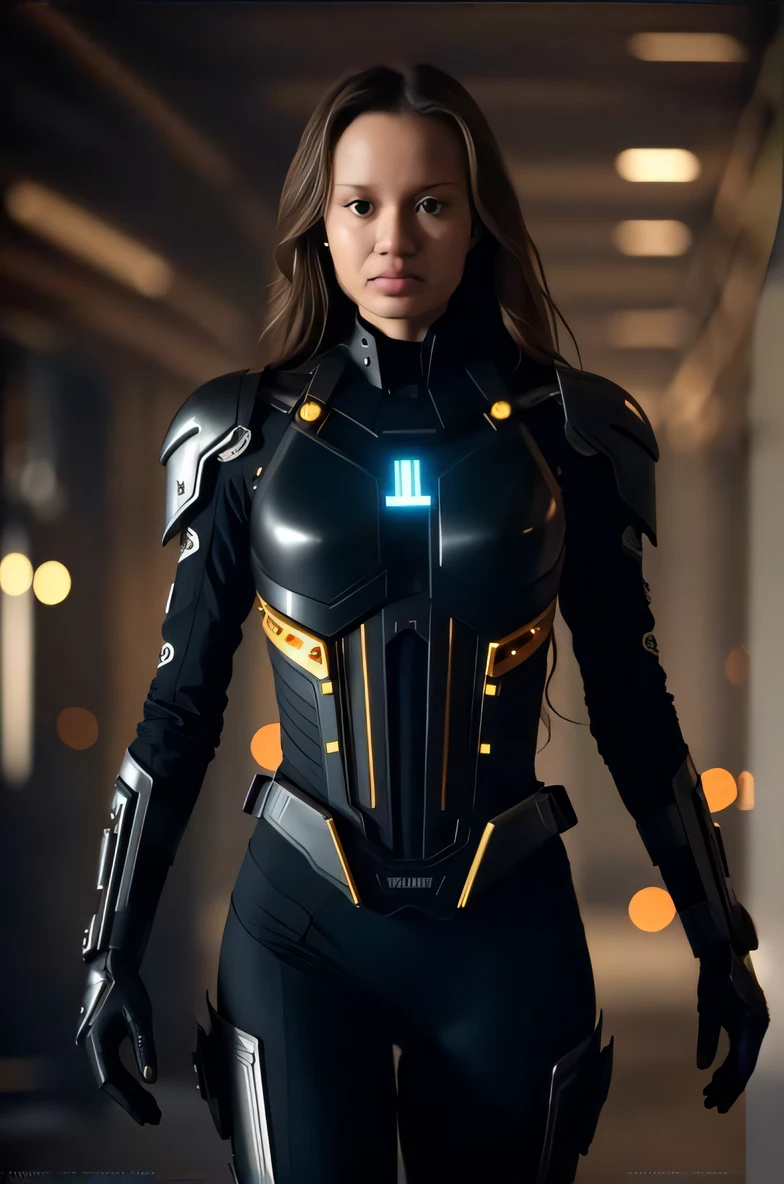 uma mulher de terno preto com uma luz brilhante no peito, cybernetic suit, cyber suit, sci - terno fi, clothed in sci-fi military armor, wearing sci-fi armor, cybersuits, diverse cybersuits, science fiction suit, Poots Imogen como um paladino, menina em mecha cyber armor, usando armadura futurista