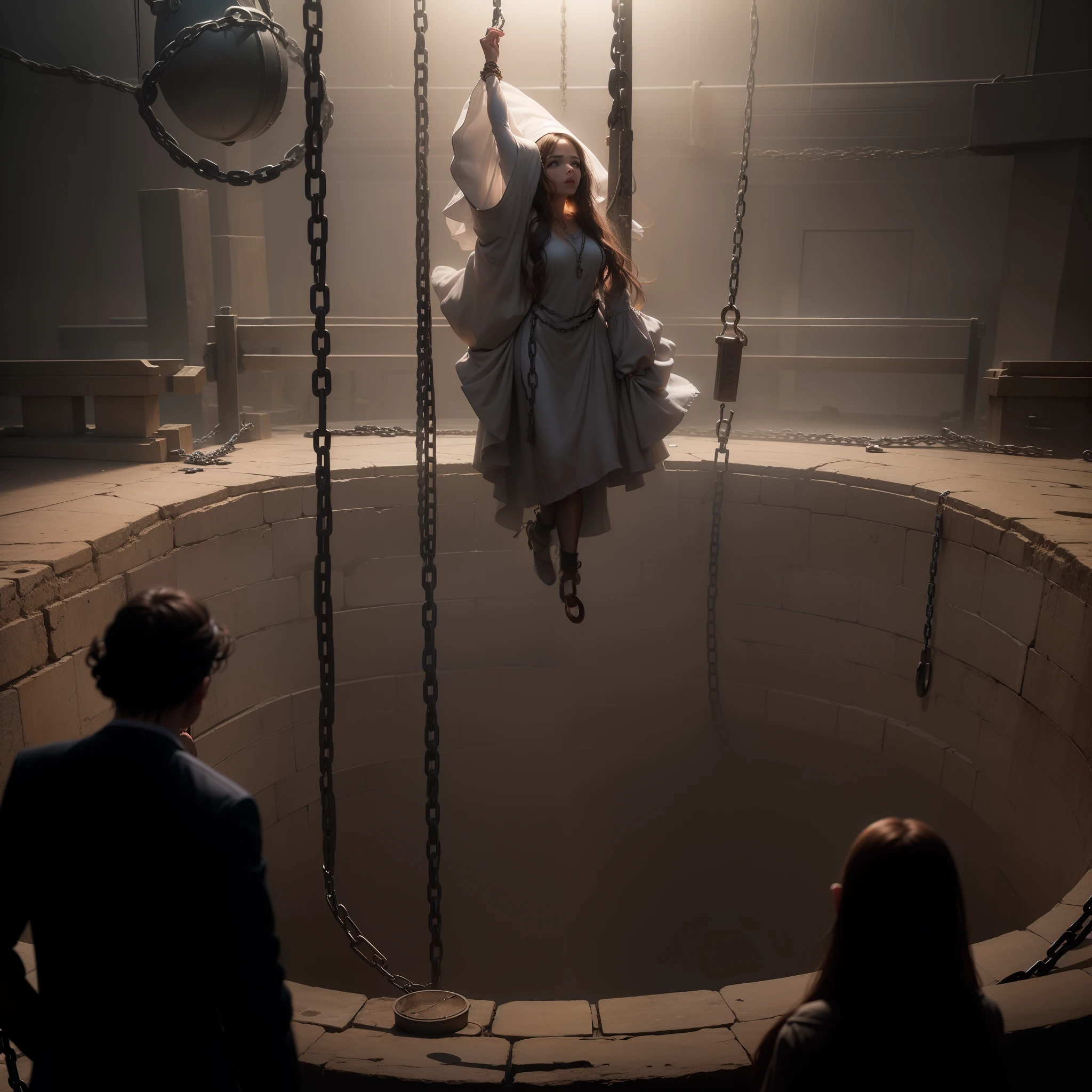 A woman is suspended from the ceiling by chains, with a large well underneath A couple looks at her