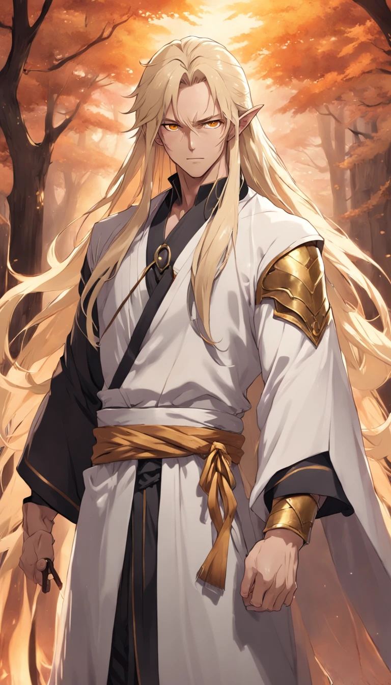 long hair, dark skin, golden eyes, hair over one eye, mature male, male, elf ears, thick thighs, druid, fantasy, blonde hair, cloak, chinese clothes, young