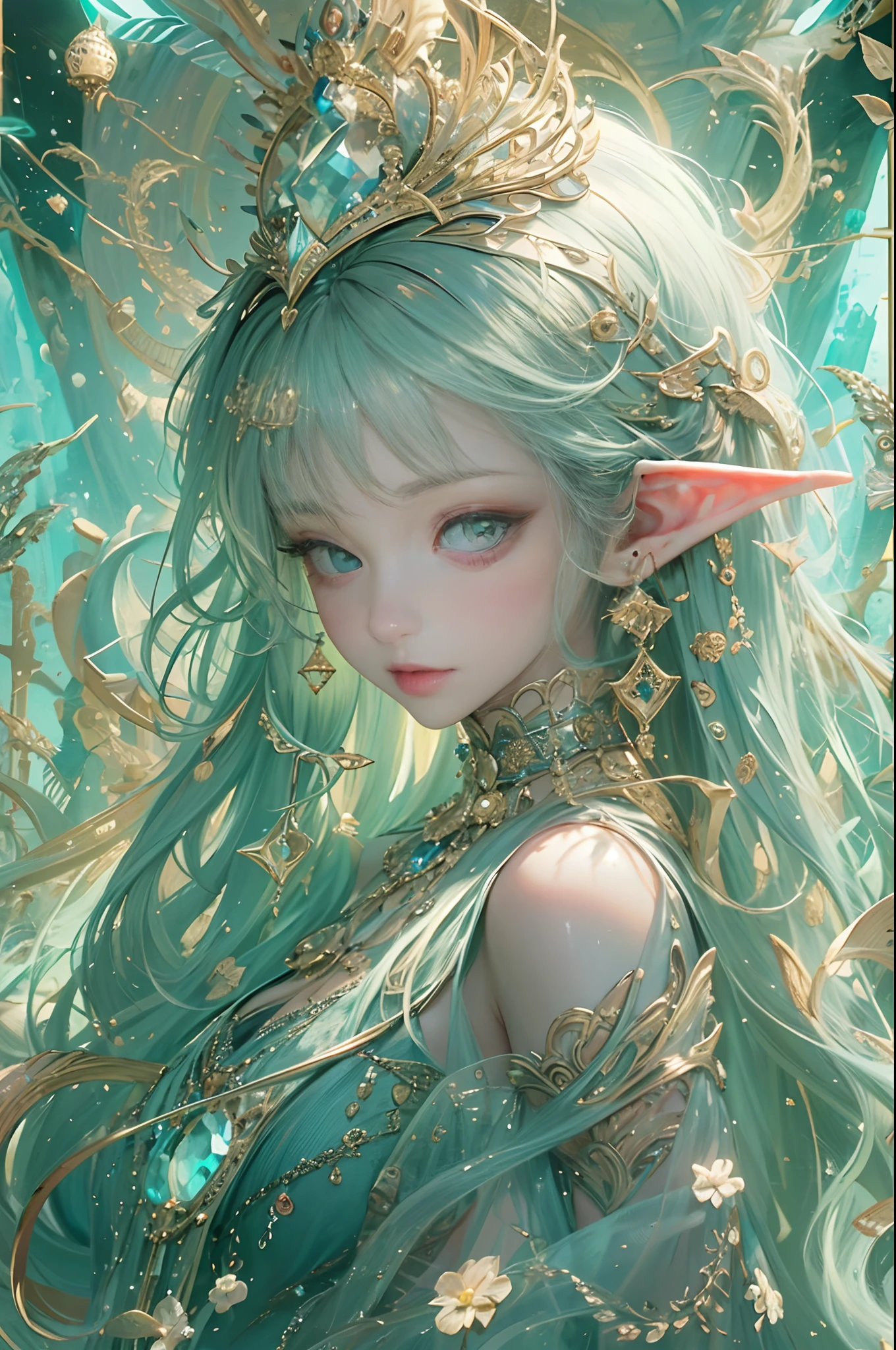 (masterpiece, top quality, best quality, official art, beautiful and aesthetic:1.2), (1 Elf girl), extremely detailed, ornate jewellery, long shapeless hair, (fractal art:1.3),colorful, cinematic illumination, ethereal background.