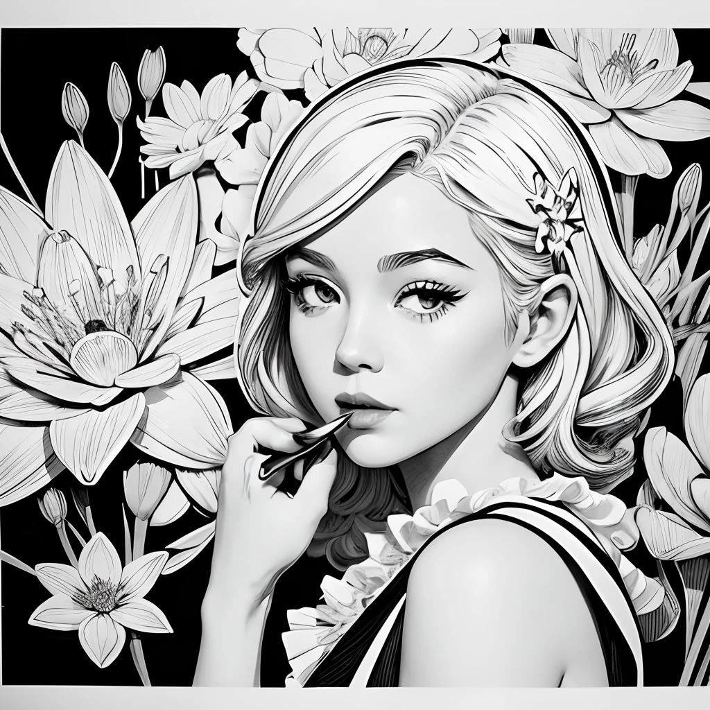 Black and white stick figure 1 girl with river lillies flower in background, loli in dress with flowers, its fine ink line art, comic style, portrait of ploynesian girl, Marilyn Munroe, Hollywood glam, beautiful line art, black and white comic style, manga style, manga art style, pencil and ink caricature drawing, black and white coloring