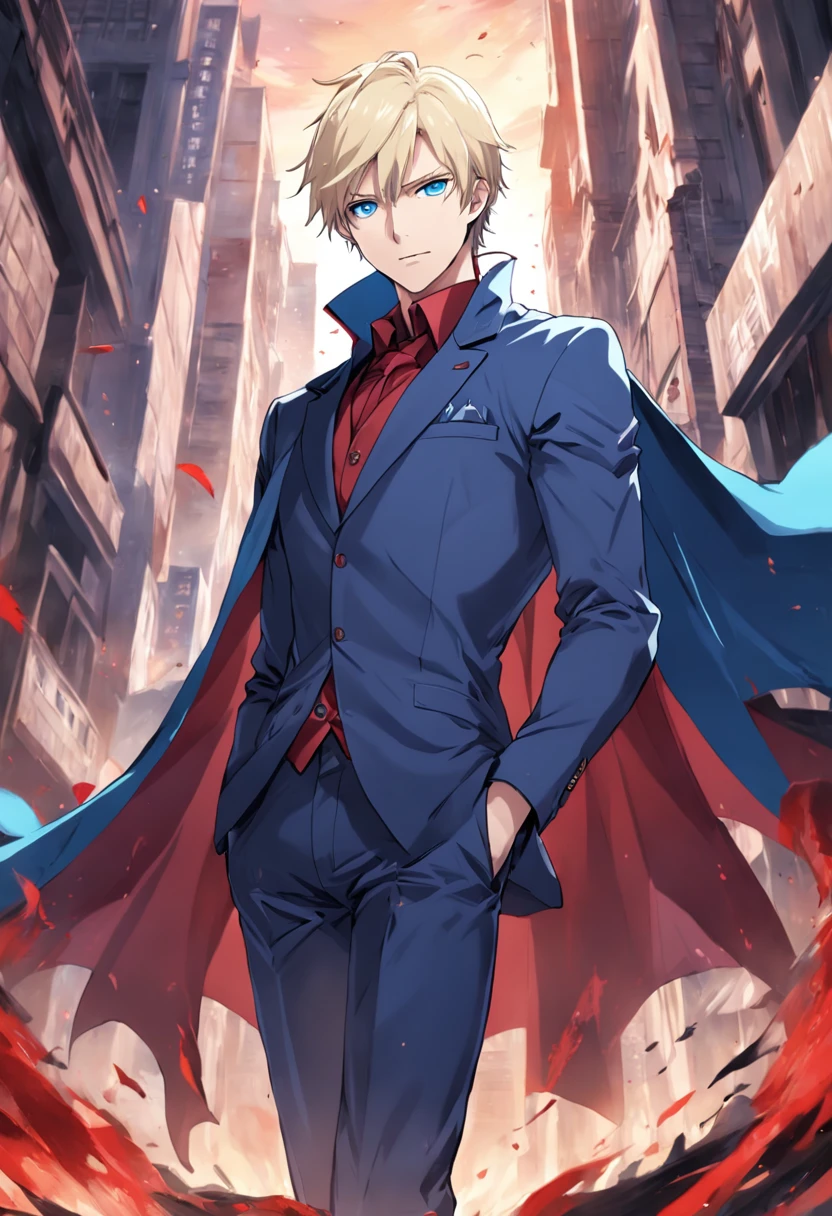 anime character dressed in a suit and cape with a red cape, johan liebert mixed with alucard, official character art, handsome anime pose, johan liebert mixed with dante, official art, anime handsome man, tall anime guy with blue eyes, handsome guy, johan liebert, official character illustration, male anime character, joe biden as an anime villain, many action poses, full body size