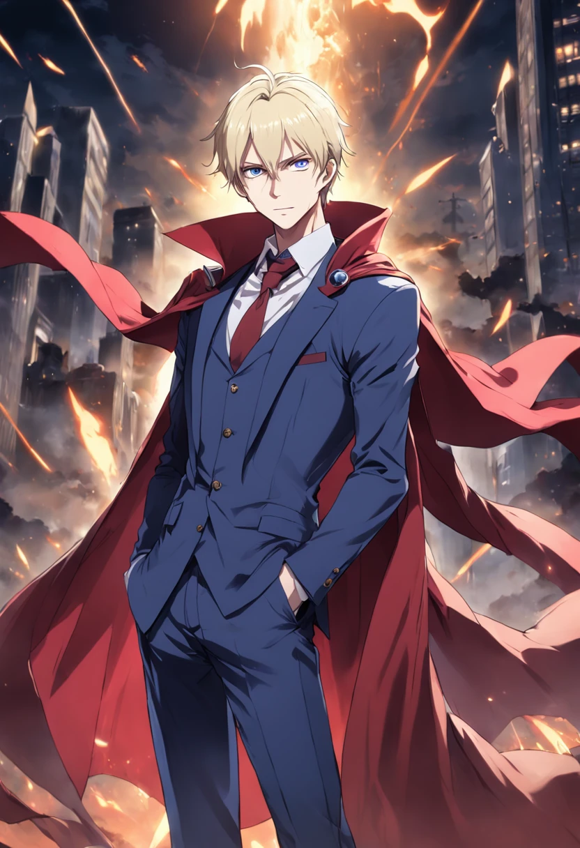 anime character dressed in a suit and cape with a red cape, johan liebert mixed with alucard, official character art, handsome anime pose, johan liebert mixed with dante, official art, anime handsome man, tall anime guy with blue eyes, handsome guy, johan liebert, official character illustration, male anime character, joe biden as an anime villain, many action poses, full body size