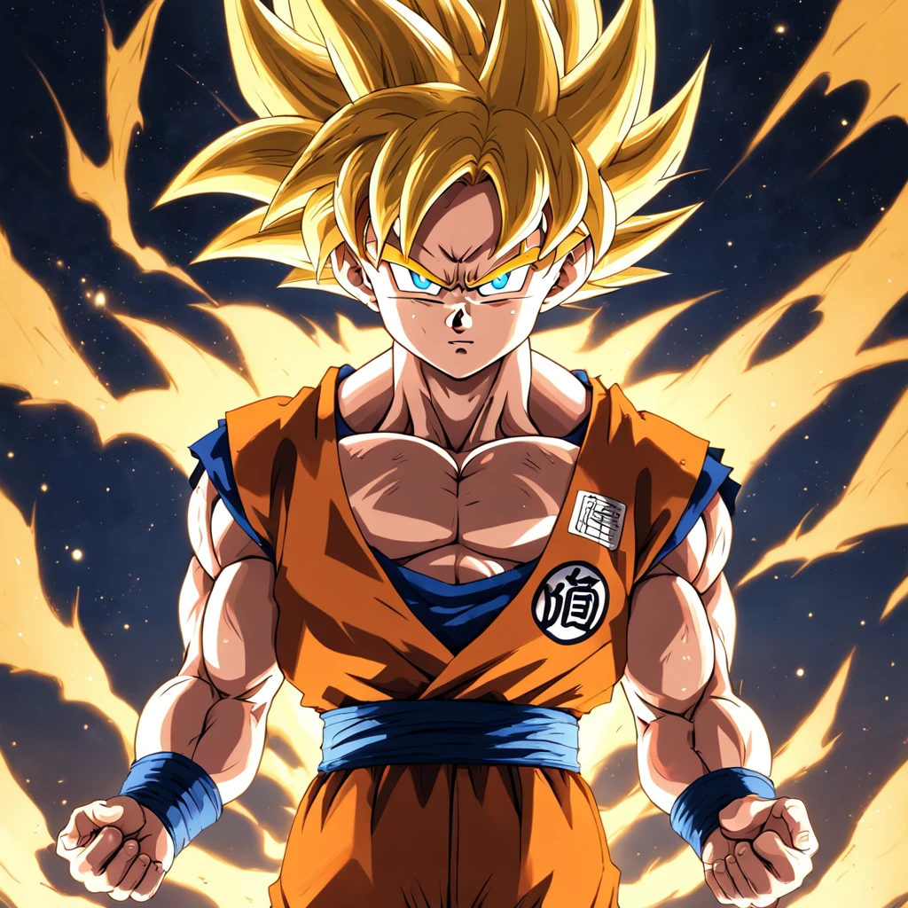 uma arte perfeita de Son Goku como super sayajin envolto em energias e raios amarelos, expression serious, well-defined muscles, sombra realista, incredible details, olhos perfeitos, perfect hands, roupa laranja, Dark sky in the background.