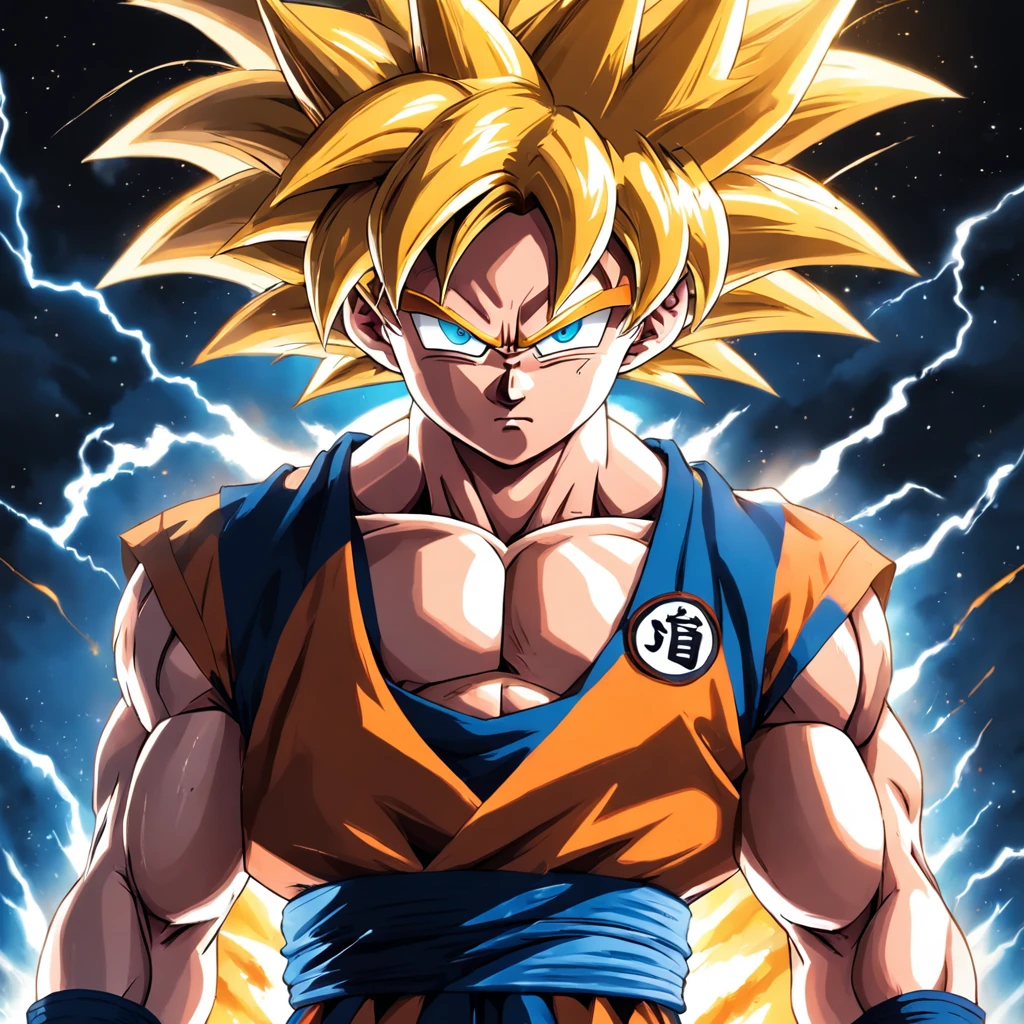 uma arte perfeita de Son Goku como super sayajin envolto em energias e raios amarelos, expression serious, well-defined muscles, sombra realista, incredible details, olhos perfeitos, perfect hands, roupa laranja, Dark sky in the background.