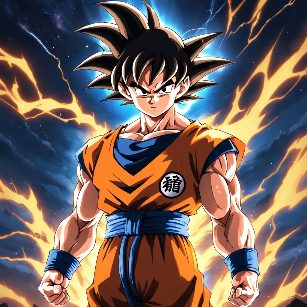 uma arte perfeita de Son Goku como super sayajin envolto em energias e raios amarelos, expression serious, well-defined muscles, sombra realista, incredible details, olhos perfeitos, perfect hands, roupa laranja, Dark sky in the background.