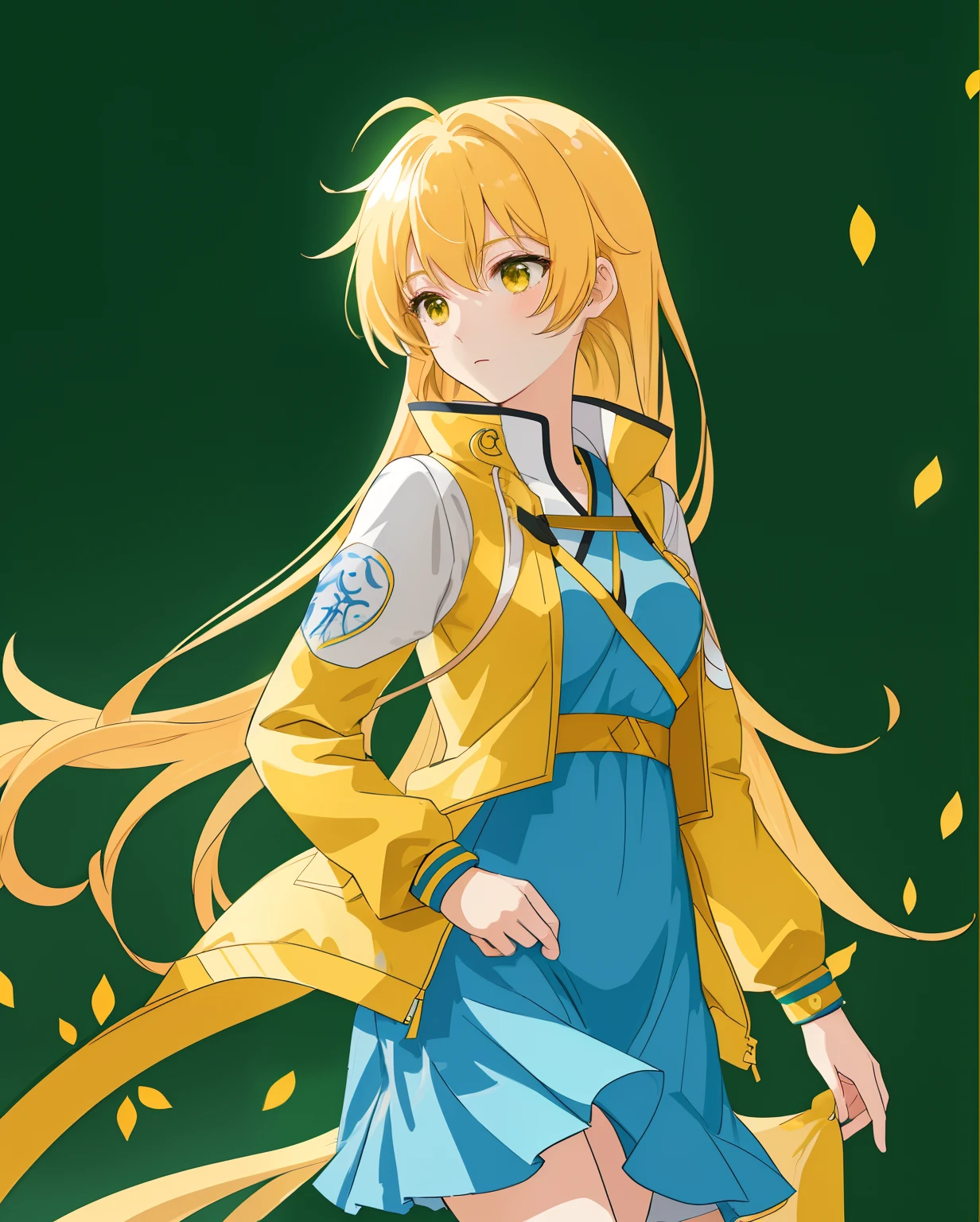a drawing of a woman in a yellow jacket and blue dress, cel - shaded art style, anime style character, rena nounen style 3/4, inspired by Yang J, portrait knights of zodiac girl, inspired by Leiko Ikemura, annabeth chase, princess 'kida' kidagakash, in an anime style, as an anime character, medium long hair