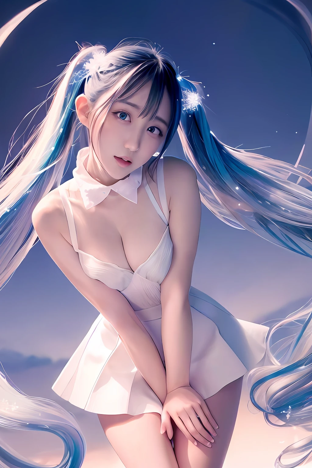 Clear blue sky、Huza、all-fours、Seiza、Hands in the crotch、miku hatsune、Official art, ​masterpiece, Sharp Focus, (Beautiful gorgeous cute korean woman:1.3), (Beautiful cute korean woman:1.3), Korean  beauty, Delicate Beautiful Hair and Eyes and Face, realisitic, ultra-detailliert, a beauty girl, blue-sky, Glow white particles, (side lights:1.2), rays of sunshine, white clouds, Fine clouds, A slender, 1girl in, Dynamic Angle,Full body,   100-layers,masutepiece,supreme,best,amazinig,great,detail,Stylish,Illustration,action SHOT, aiming at viewer, hands on pockets, School uniform, Blunt bangs, Hairpin, Shy,superfine illustration,(((beautiful fine hair))),(((Beautiful Fine Face))),(((Beautiful fine background))),