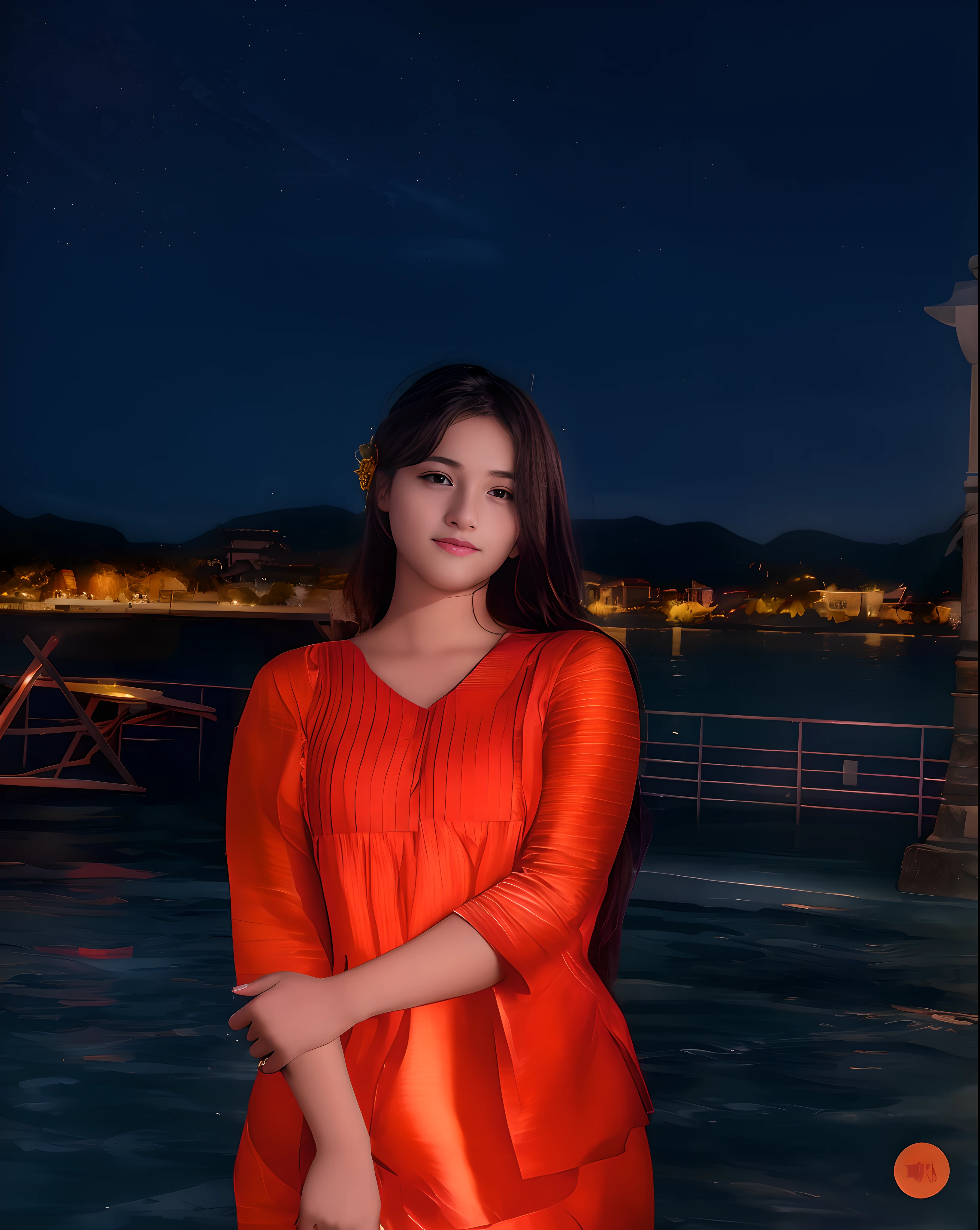 araffe woman standing in front of a body of water at night, at night time, with glowing lights at night, candid picture, with lovely look, at nighttime, night view, at night, very very low quality picture, with beautiful colors, in night, very beautiful girl, actress, beautiful pretty young, cute beautiful, during night, indian