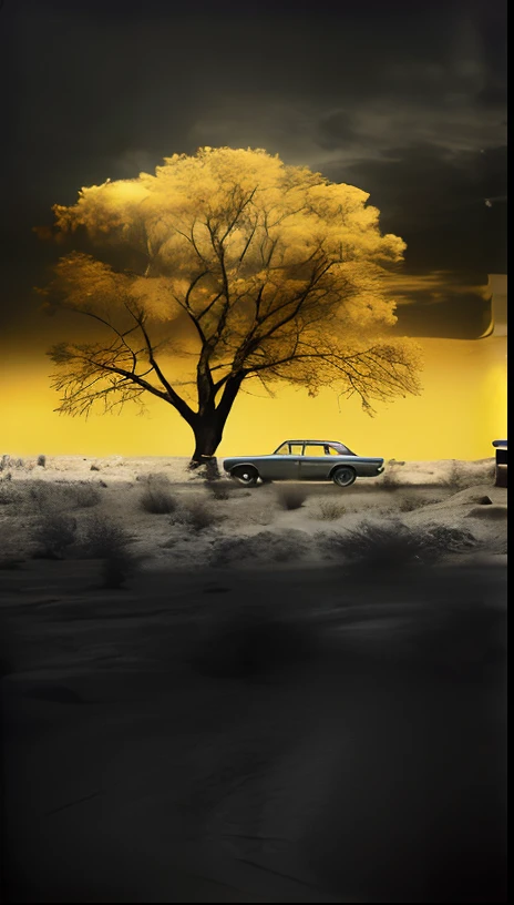 There is a car that is parked under a tree in the desert, Directed by: Derek Hill, cena surreal, surreal preto e amarelo, Estilo Erik Johansson, Directed by: Wojciech Gerson, dramatic artwork, surreal composition, Fotografia Alexey Gurylev, Fotografia Alexey Kurylev, fotografia automotiva, Directed by: Peter Churcher, incredible composition, Directed by: Dietmar Damerau