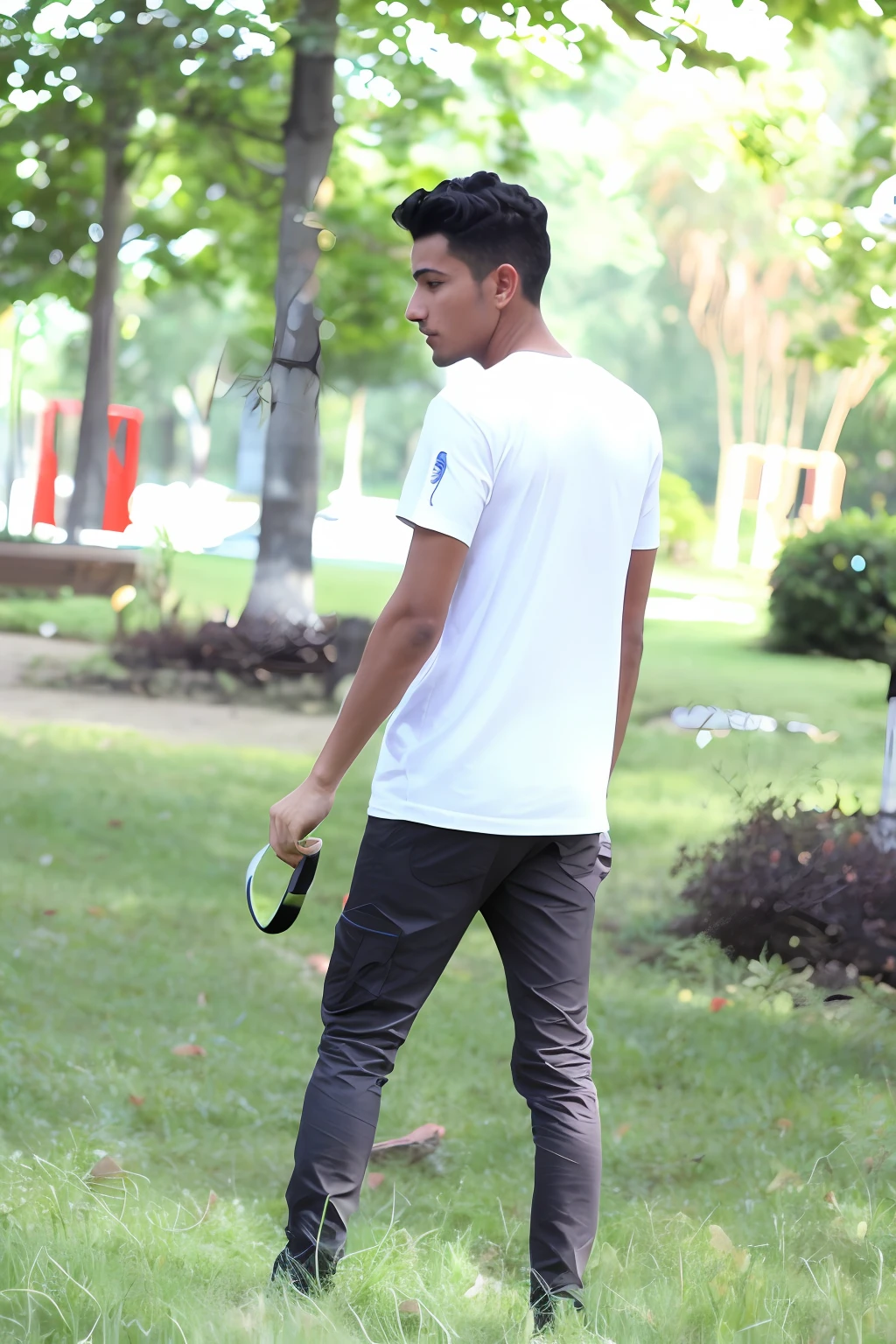 there is a man walking in the grass with a frisbee, in a park, mohamed chahin style, casual pose, in the park, distant full body shot, at a park, cool pose, in a city park, with a cool pose, profile pose, thin young male, walking at the park, wearing pants and a t-shirt, cyberpunk,high details,boy, light,power, ninja