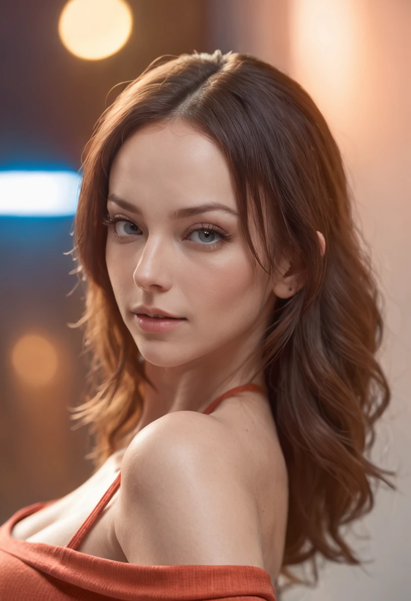 young Olivia Wilde, ((full body shot from head to toes)), solo, ((light orange tight shirt)), ((red leggings)), ((perfect hands, perfect feet, small ass, small breasts, small head)), disco party background, long hair, looking at viewer, blue eyes, ((masterpiece)), standing, blush, sexy pose, big wide chin, small forehead, natural skin, dramatic lightning, intricate details, Highres, unity 8k wallpaper, ultra detailed, aesthetic, masterpiece, best quality, photorealistic, 85mm, f1.8, portrait, hyperrealistic, super detailed, sunset lighting, high dynamic range, Detailed background, Complex and detailed face, Long eyelashes, Detailed eyes, black eyeliner, (Solo: 1.3), sitting on a blue ball in a gym, in a gym, smooth white tight yoga pants, sport bra, cameltoe, sexy body, attractive pose, medium breast