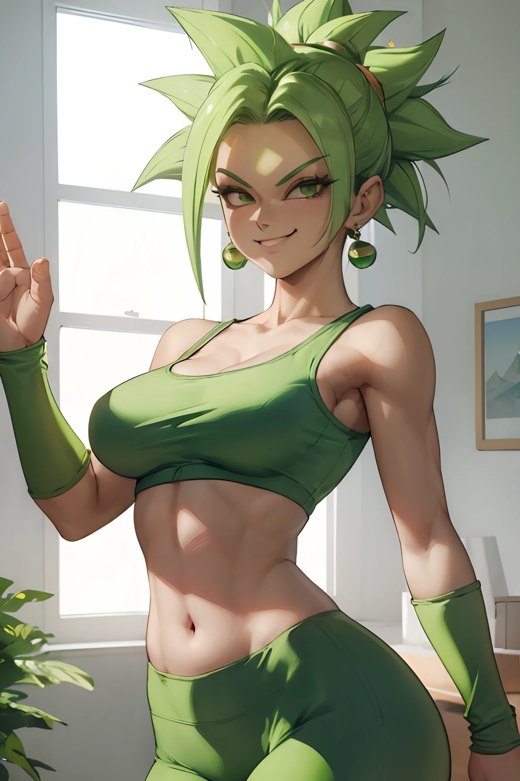 (best quality, masterpiece), green hair, green earrings, yoga pants, yoga bra, skin tight, toned, smug, smirk, kefla, thin waist, backlight,