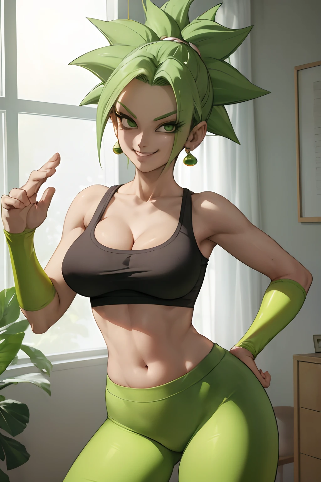 (best quality, masterpiece), green hair, green earrings, yoga pants, yoga bra, skin tight, toned, smug, smirk, kefla, thin waist, backlight,