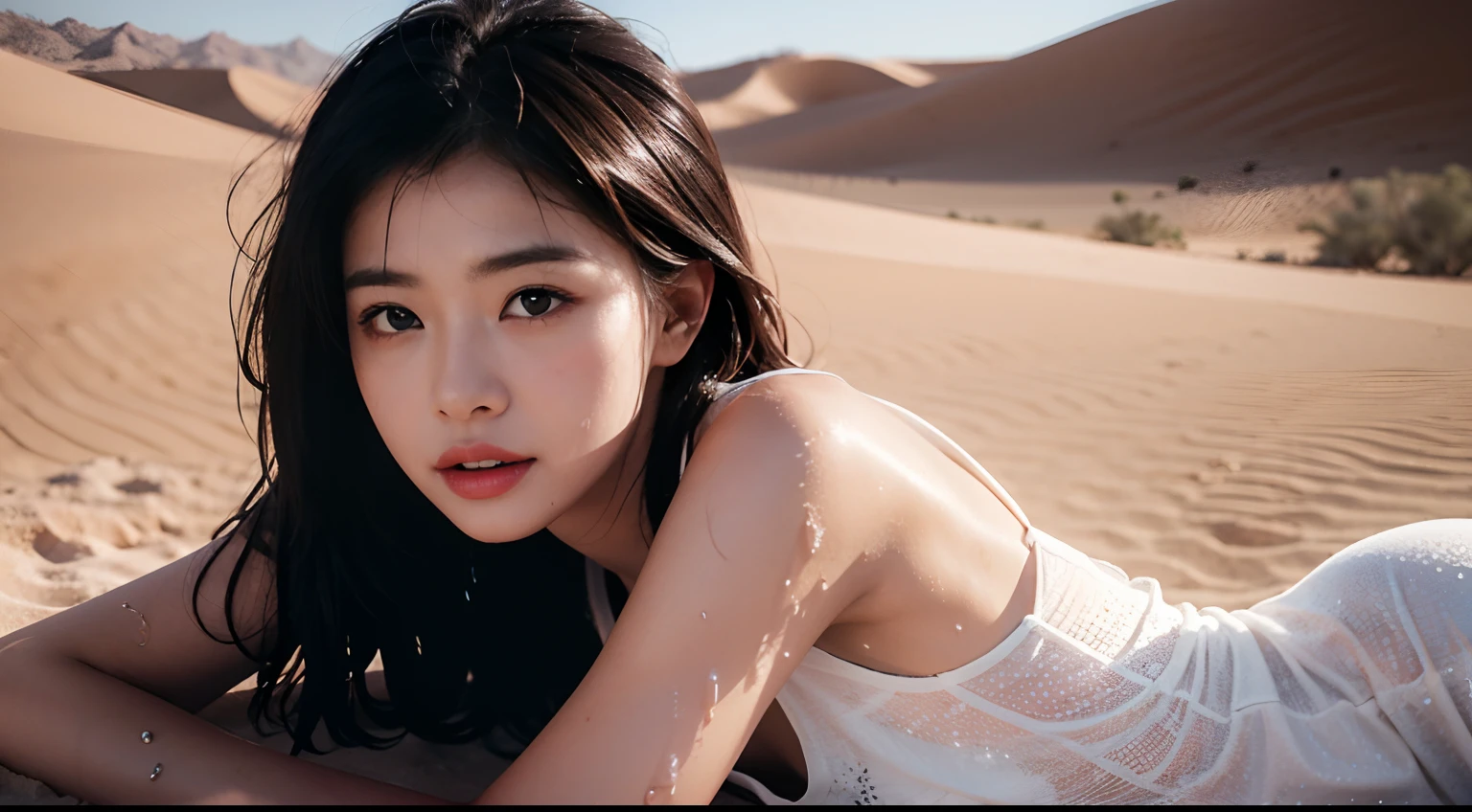A girl lying in the desert,Cinema lenses,Wet hair,(Beautiful body curves:1.2),perfect bodies,Realistic lighting,(Focus on the face),(The face is rich in detail),(HD imaging:1.3),pearls of sweat,Dress sexy