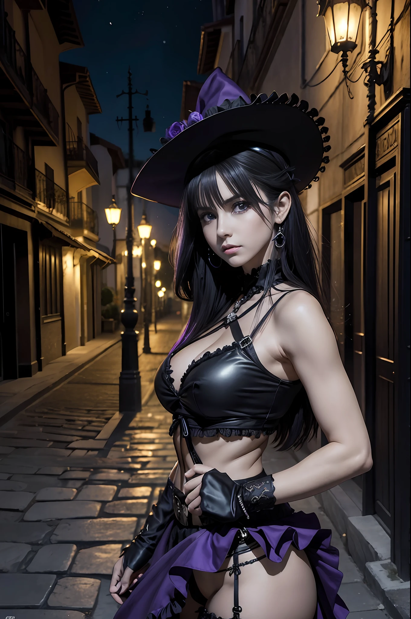 (obra maestra) (La mejor calidad) (Cara perfecta) en un bonito estilo anime. Una joven divertida y aterradoramente linda disfrazada de bruja en Halloween. Lleva un sombrero largo y una escoba vieja, a black harness and a frilly skirt. Ella se para en una calle por la noche con una burla, evil expression. La calle es oscura pero hay luces ornamentales que dan un aspecto siniestro y aterrador al lugar.. A little purple. Motor irreal. Luis Royo Style. Arte 3D ((pechos grandes)) (cuerpo fitness)