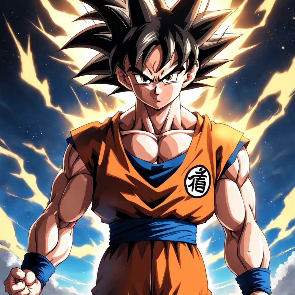 uma arte perfeita de Son Goku como super sayajin envolto em energias e raios amarelos, expression serious, well-defined muscles, Sombra realista, incredible details, olhos perfeitos, perfect hands, roupa laranja, Dark sky in the background.