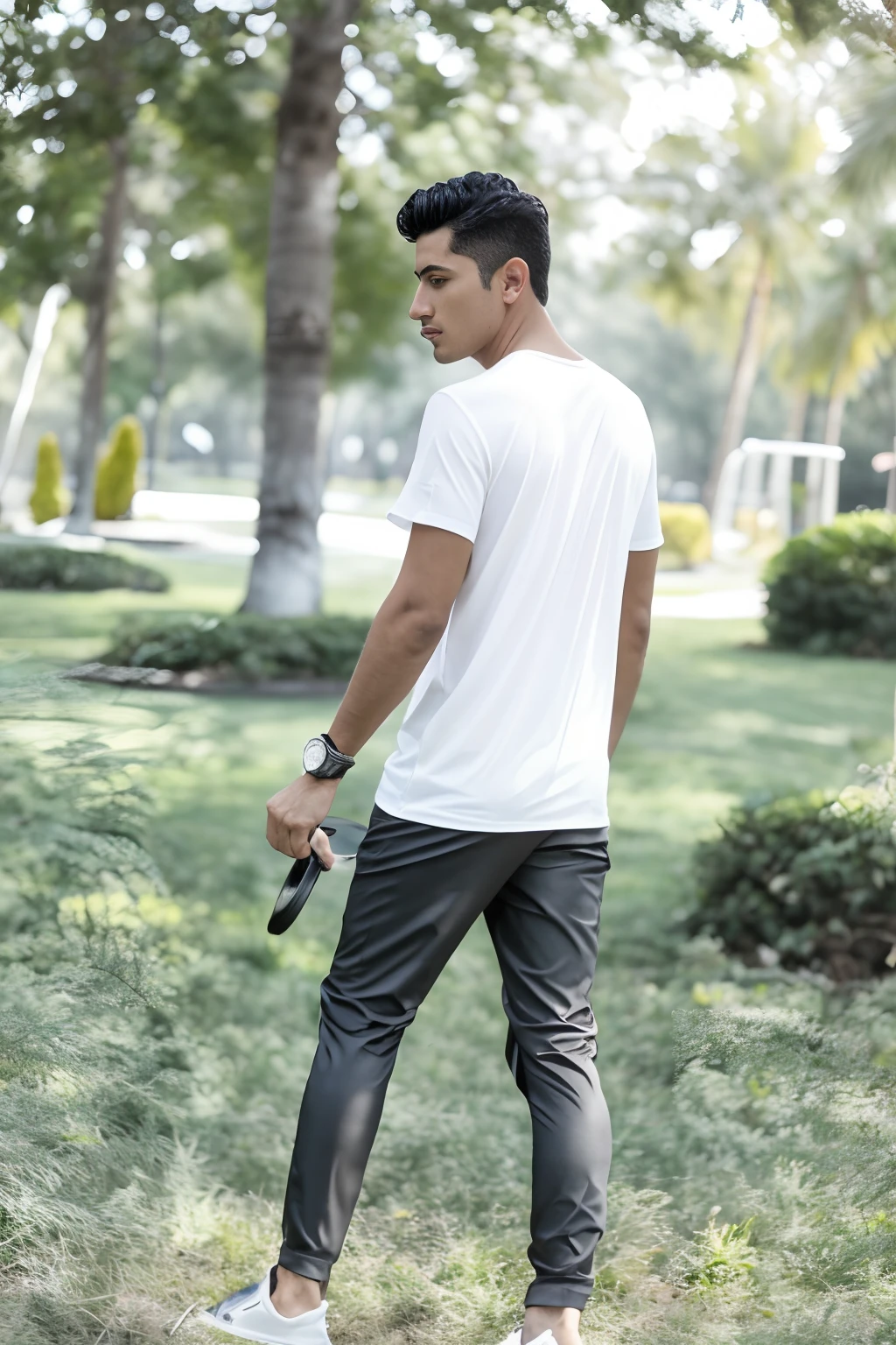 there is a man walking in the grass with a frisbee, in a park, mohamed chahin style, casual pose, in the park, distant full body shot, at a park, cool pose, in a city park, with a cool pose, profile pose, thin young male, walking at the park, wearing pants and a t-shirt, cyberpunk,high details,boy, light,power, ninja