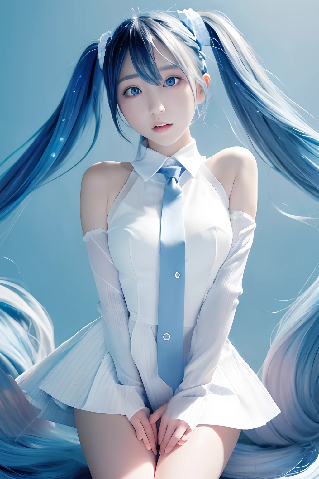 Raise one leg。Clear blue sky、Huza、all-fours、Seiza、Hands in the crotch、miku hatsune、Official art, masterpiece, Sharp Focus, (Beautiful gorgeous cute korean woman:1.3), (Beautiful cute korean woman:1.3), Korean beauty, Delicate Beautiful Hair and Eyes and Face, realisitic, ultra-detailliert, a beauty girl, blue-sky, Glow white particles, (side lights:1.2), rays of sunshine, white clouds, Fine clouds, A slender, 1girl in, Dynamic Angle,Full body, 100-layers,masutepiece,supreme,best,amazinig,great,detail,Stylish,Illustration,action SHOT, aiming at viewer, hands on pockets, School uniform, Blunt bangs, Hairpin, Shy,superfine illustration,(((beautiful fine hair))),(((Beautiful Fine Face))),(((Beautiful fine background))),