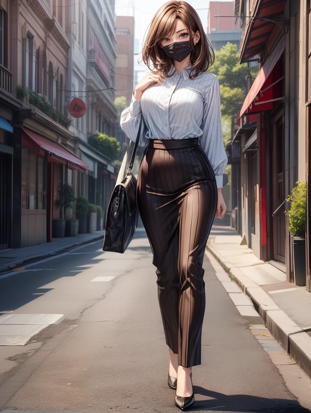 Best Quality, masutepiece, beautiful mature women、Beautiful face、Strong-minded woman、Office Suits、brown haired、Brown-eyed、Medium Hair、s Office、Full body like、Wear a mask