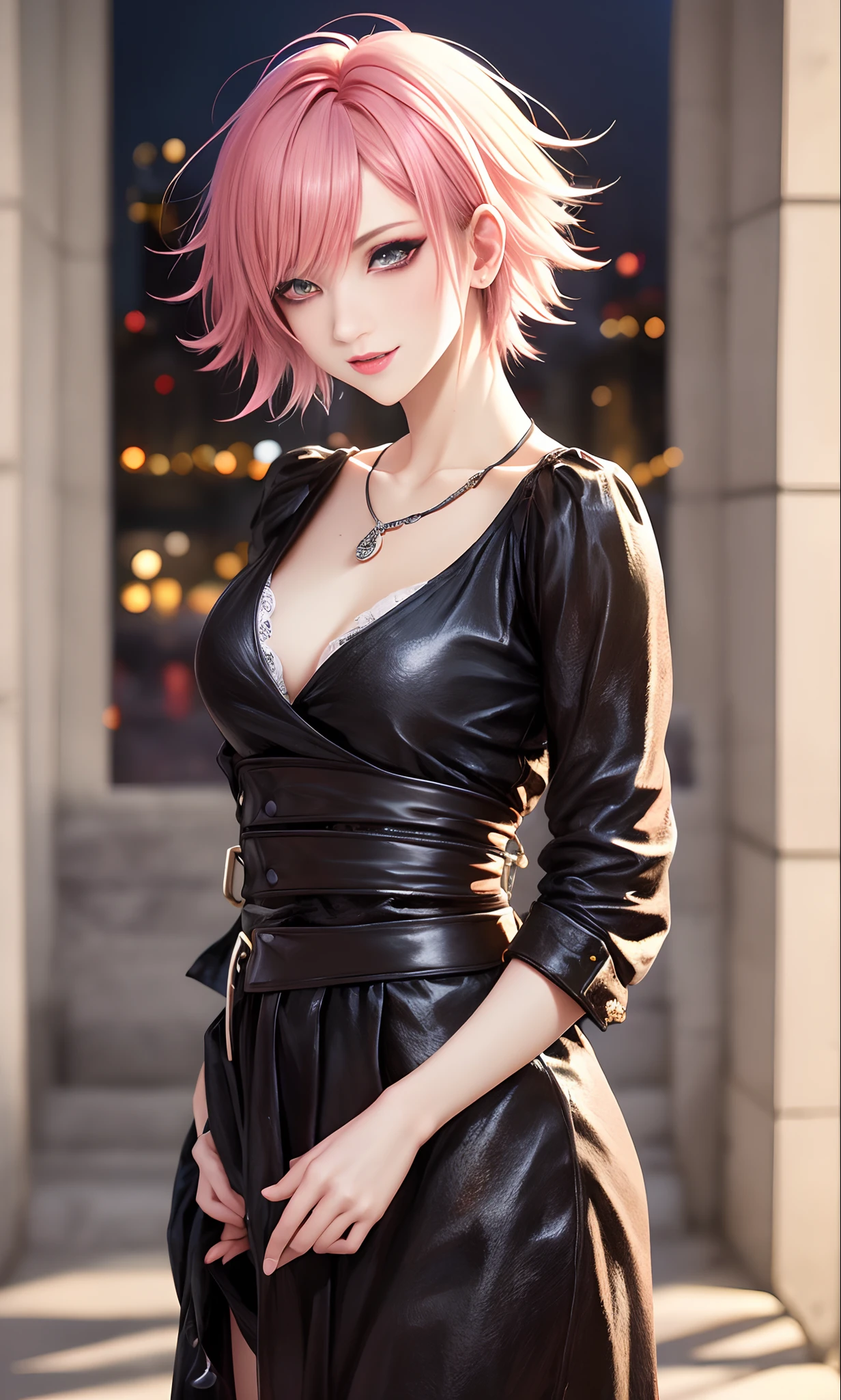 masterpiece, top-quality, ((1womanl)), Adults, different color, finely eye and detailed face, intricate detailes, Casual black and white attire((Sexy clothes)), window, A smile, Happiness, tenderness, high-level image quality、 selfee, Beautuful Women、tall、a small face, D-cups, The upper part of the body、nightfall, nighttime scene、𝓡𝓸𝓶𝓪𝓷𝓽𝓲𝓬、Korea person, Idol Photos, Model photo, k pop, Professional Photos, Vampires, Korean fashion in black and white, Fedoman with necklace, inspired by Sim Sa-jeong, androgynous vampire, :9 detailed face: 8, extra detailed face, detailed punk hair, ((eyes are brown)) baggy eyes, Seductive. Highly detailed, semi realistic anime, Vampires, hyperrealistic teen, Delicate androgynous princess, imvu, ((short hair woman)), Pink hair woman with wild look, Sexy look, ((Woman with short pink hair)), ((1 persons))