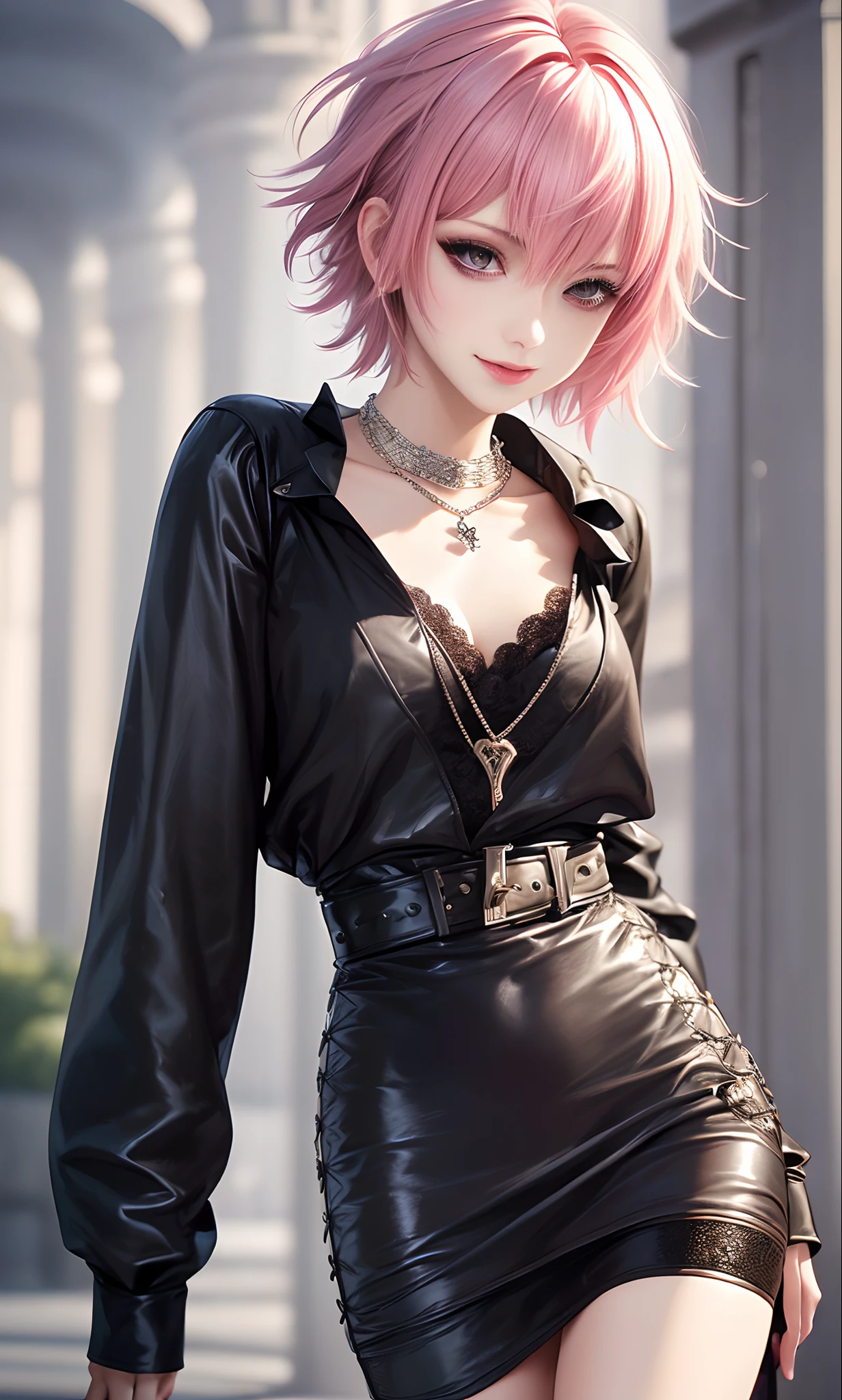 masterpiece, top-quality, ((1womanl)), Adults, different color, finely eye and detailed face, intricate detailes, Casual black and white attire((Sexy clothes)), window, A smile, Happiness, tenderness, high-level image quality、 selfee, Beautuful Women、tall、a small face, D-cups, The upper part of the body、nightfall, nighttime scene、𝓡𝓸𝓶𝓪𝓷𝓽𝓲𝓬、Korea person, Idol Photos, Model photo, k pop, Professional Photos, Vampires, Korean fashion in black and white, Fedoman with necklace, inspired by Sim Sa-jeong, androgynous vampire, :9 detailed face: 8, extra detailed face, detailed punk hair, ((eyes are brown)) baggy eyes, Seductive. Highly detailed, semi realistic anime, Vampires, hyperrealistic , Delicate androgynous princess, imvu, ((short hair woman)), Pink hair woman with wild look, Sexy look, ((Woman with short pink hair)), ((1 persons))