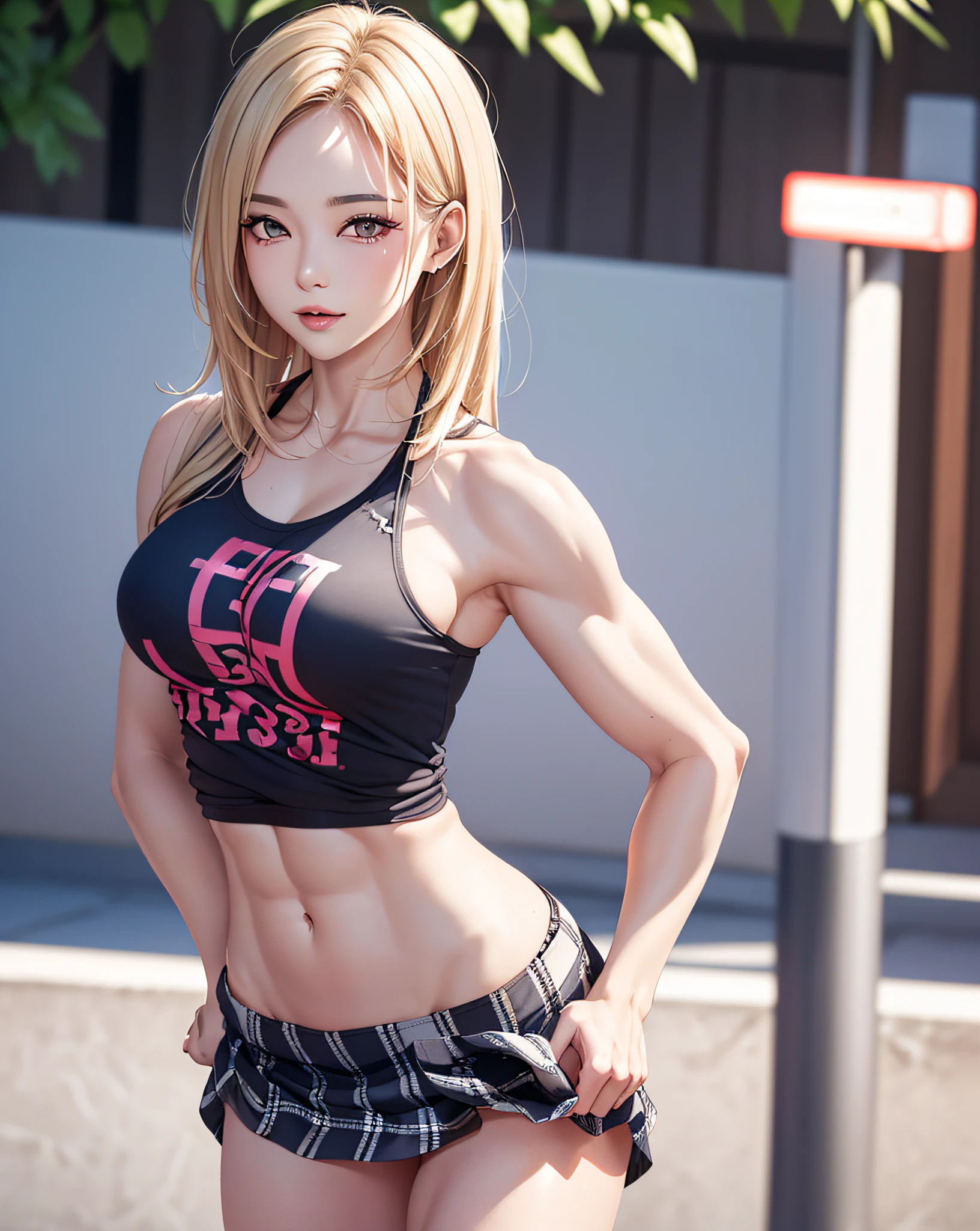 (1female body builder:1.37), masterpiece, best quality, illustration, ultra-detailed, finely detail, highres, 8k wallpaper, perfect dynamic composition, beautiful detailed eyes, natural lip, (((wearing a Punk-T-shirt:1.37, plaid pattern skirt:1.3))), medium breasts:1.25, lovely look:1.3, white skin, pale skin, oily skin:1.3, shiny skin, Caucasian, shiny-blonde thin hair, side-under-cut-hair-style, clean armpit, cityscape, sunset,