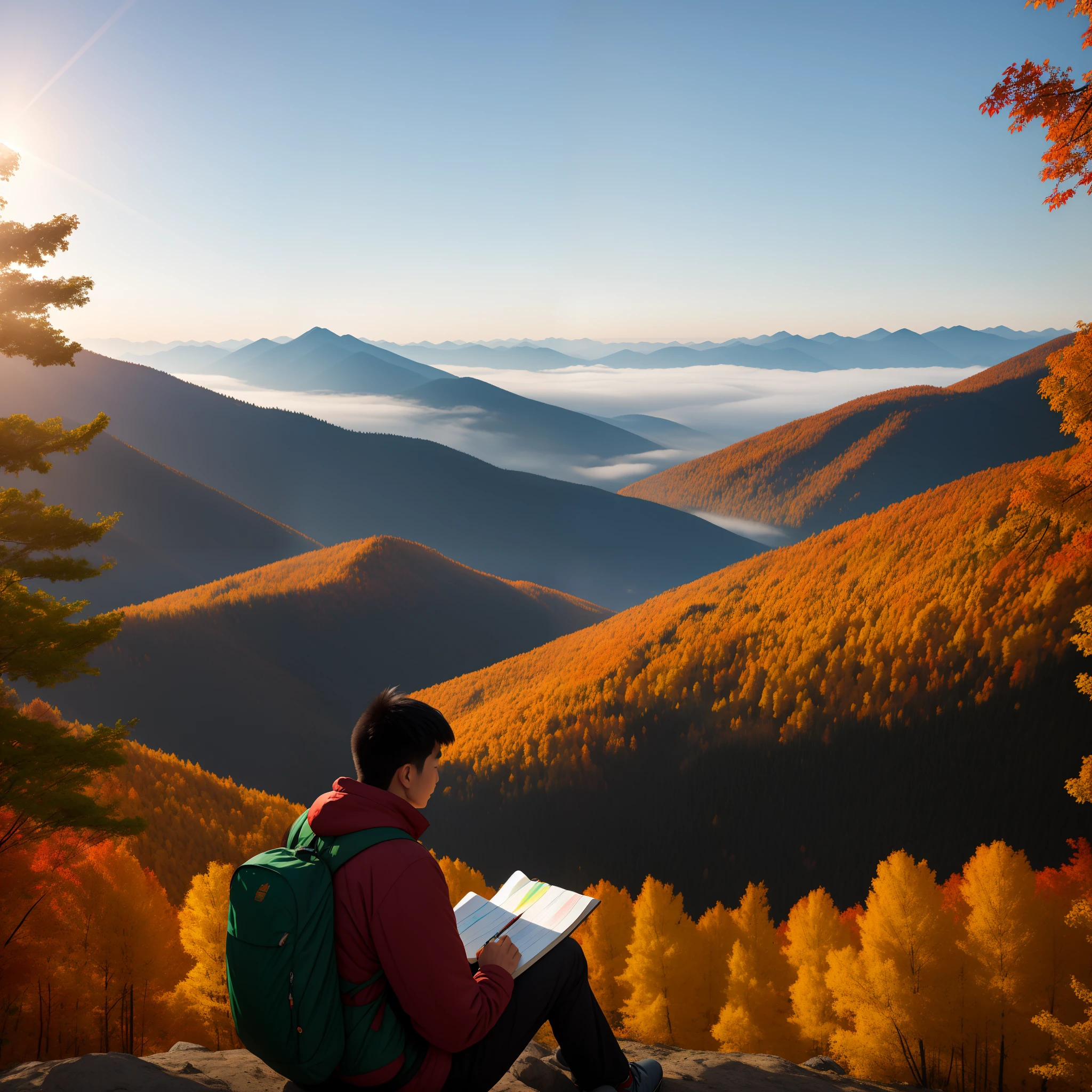 A tall young Chinese father，Sitting alone on the slopes of the autumn hill。He held a sketchbook and a pen，He had been painting the scene in front of him for an hour - the Taiga Mountains，amarelo、Red and green，Rolling mountains，It looks hazy under the veil of sunlight。Cool color filter。