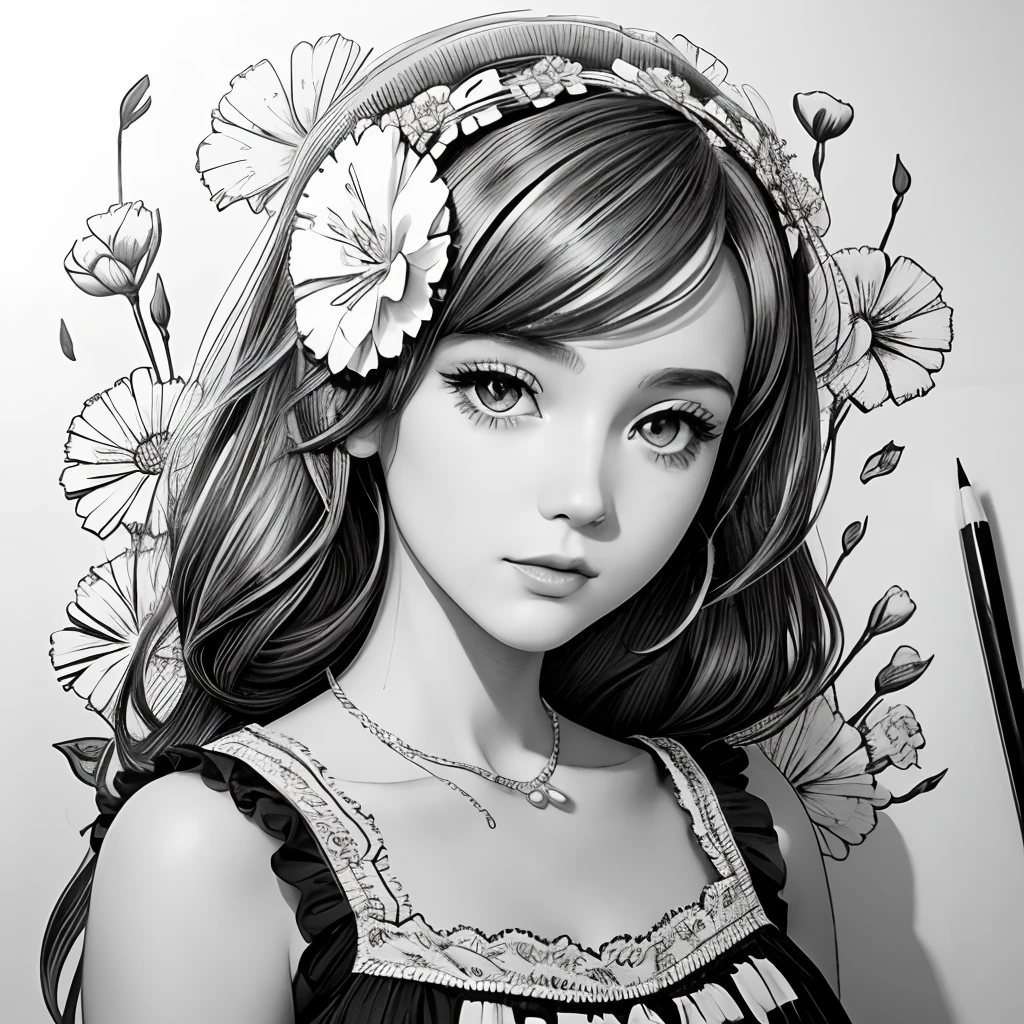 Black and white stick figure 1 girl with carnations flower in background, loli in dress with flowers, its fine ink line art, comic style, portrait of ploynesian girl, Marilyn Munroe, Hollywood glam, beautiful line art, black and white comic style, manga style, manga art style, pencil and ink caricature drawing, black and white coloring