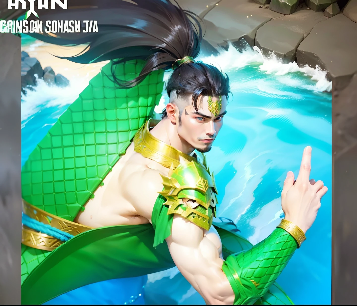 Boy, handsome, sixpack, green dragon armor,sea, realistic,ultra detail,black hair, Javanese warrior, ponytail hair.