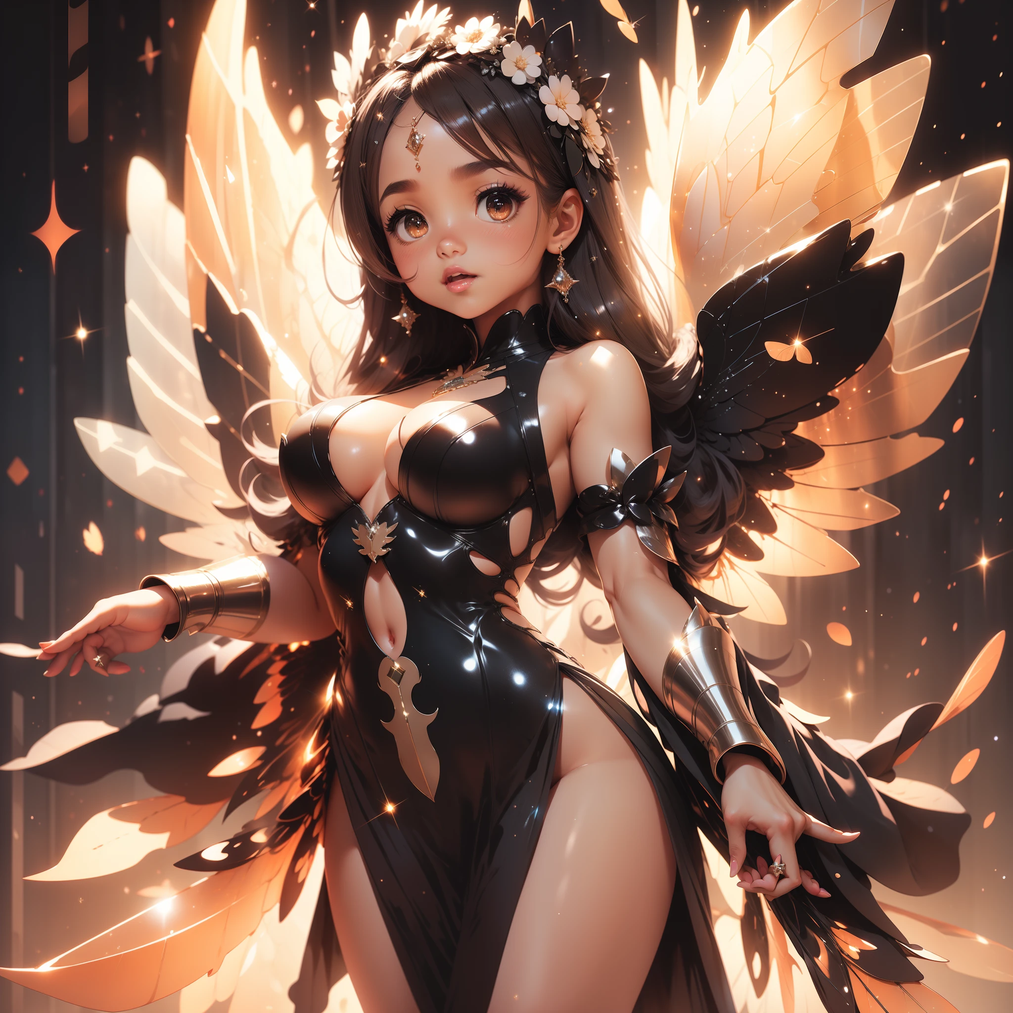 A brown skin girl with white big wings, sparkling eyes, wearing a black dress, pretty face, sexy shape, good body, sparkling pictures, sparkling simple make up, high quality pictures