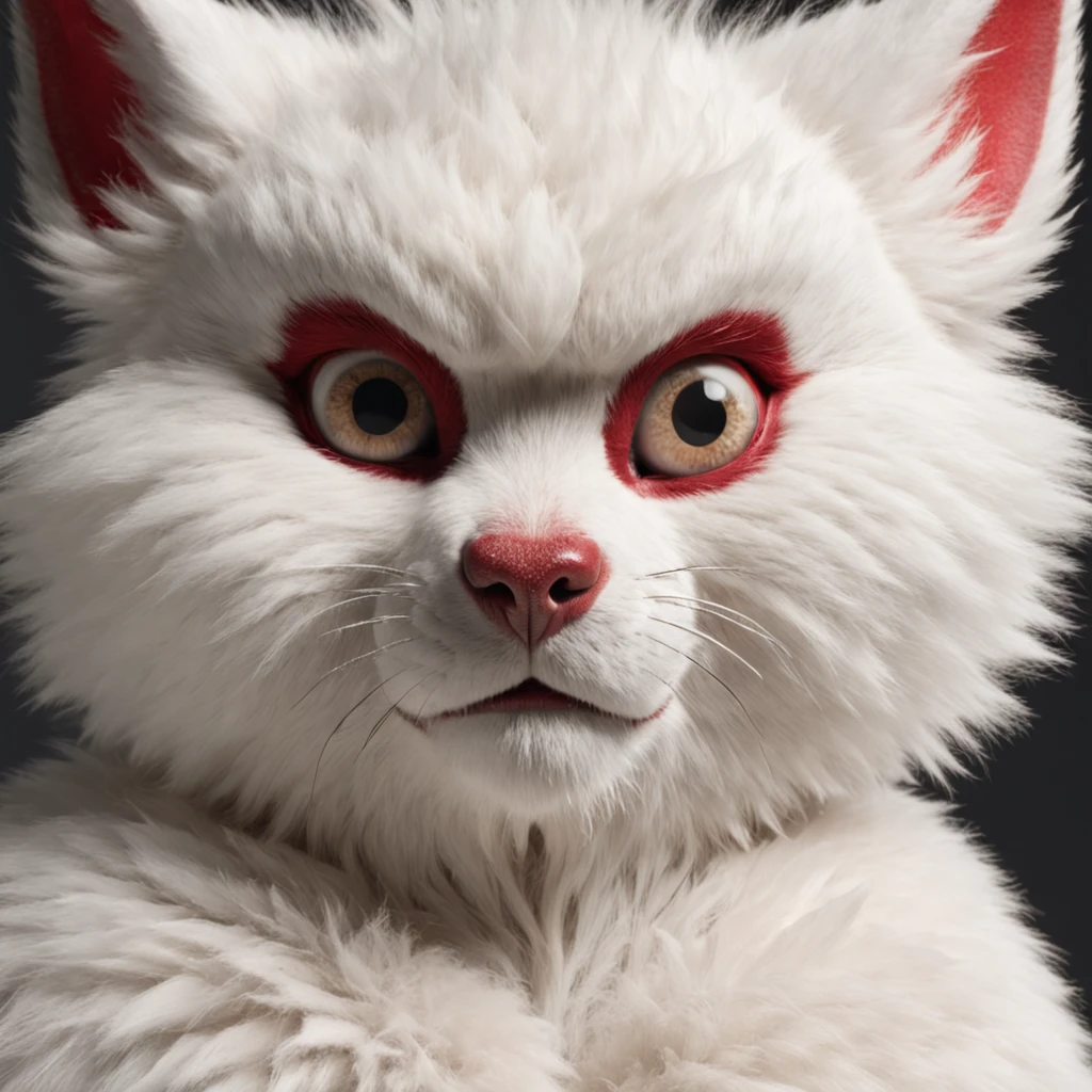furry, white fur, ultra cute face, red elements on fur, glowing t-shrt, beautiful lights and shadows, ambient light, ultra detailed fur, volumetric light