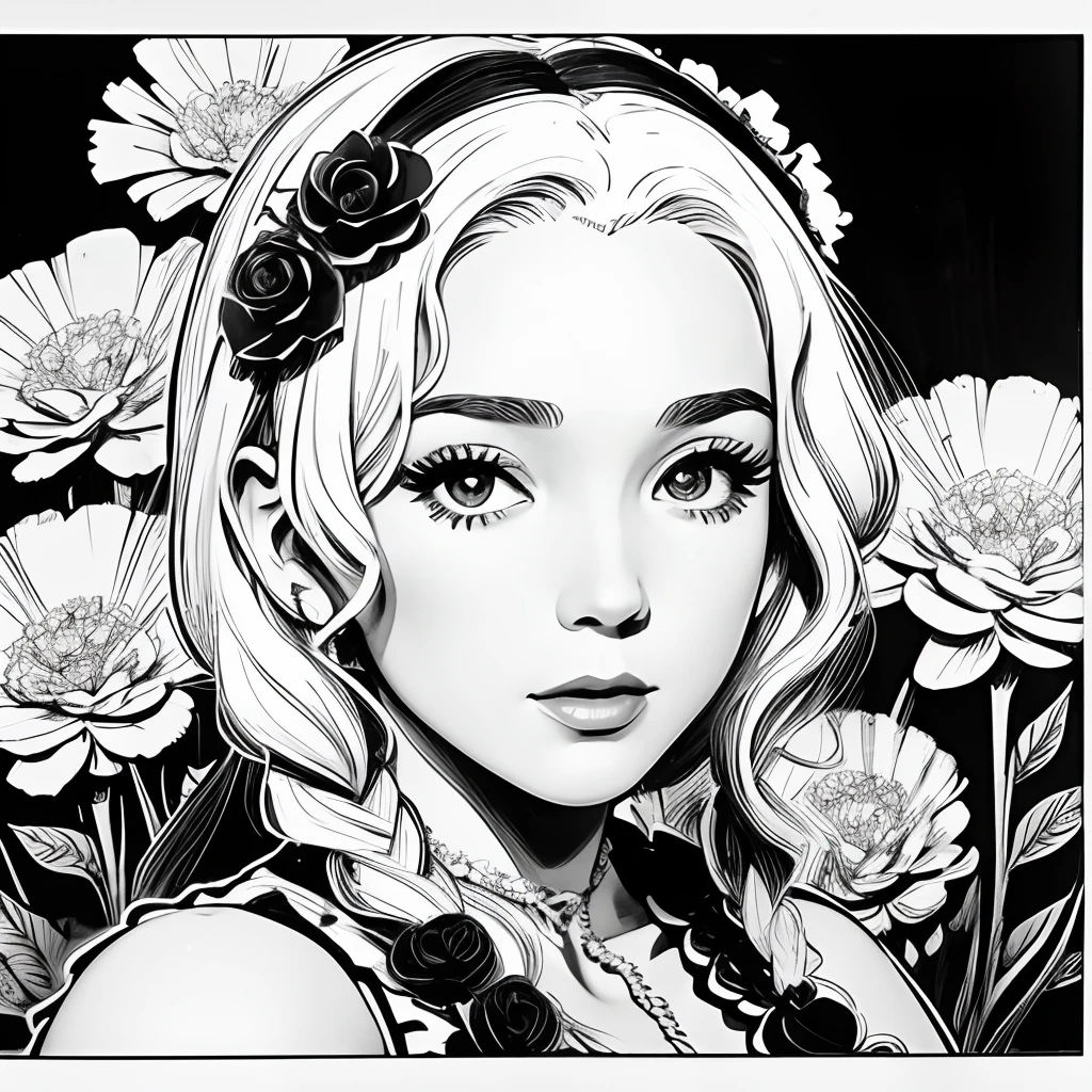 Black and white stick figure 1 girl with carnations flower in background, loli in dress with flowers, its fine ink line art, comic style, portrait of ploynesian girl, Marilyn Munroe, Hollywood glam, beautiful line art, black and white comic style, manga style, manga art style, pencil and ink caricature drawing, black and white coloring