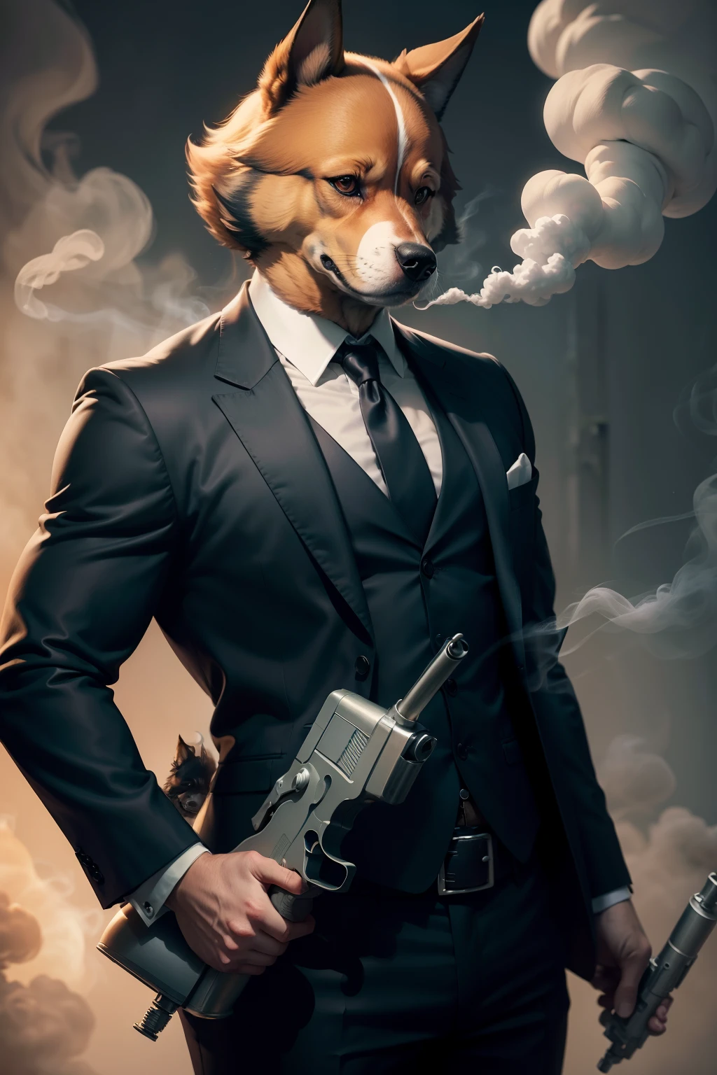 antropomorphic dog in a suit with a smoking gun in hand
