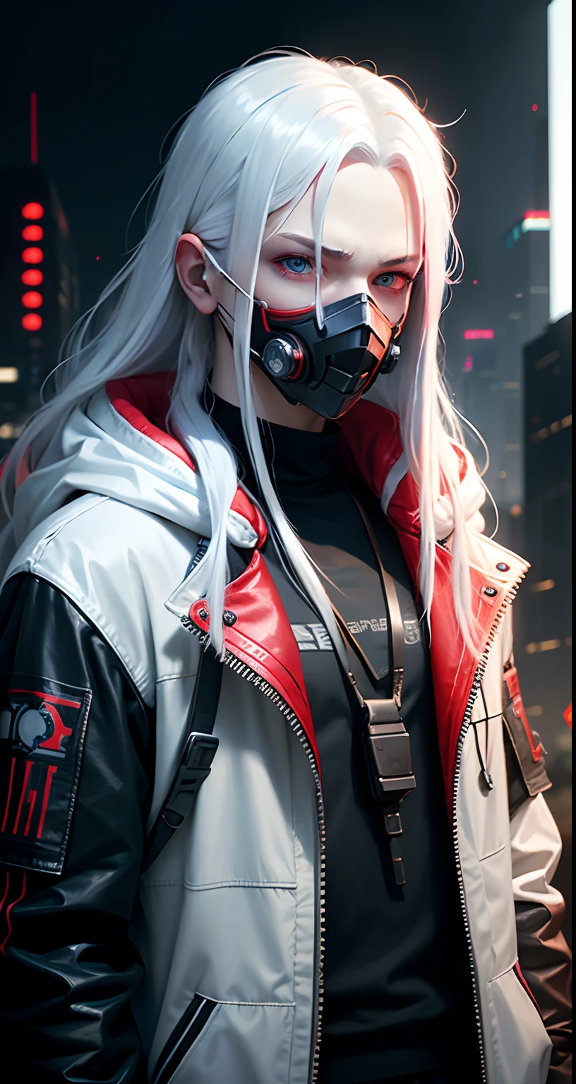 boy, Cyberpunk, wearing mask, long white hair with red locks, blue eyes,