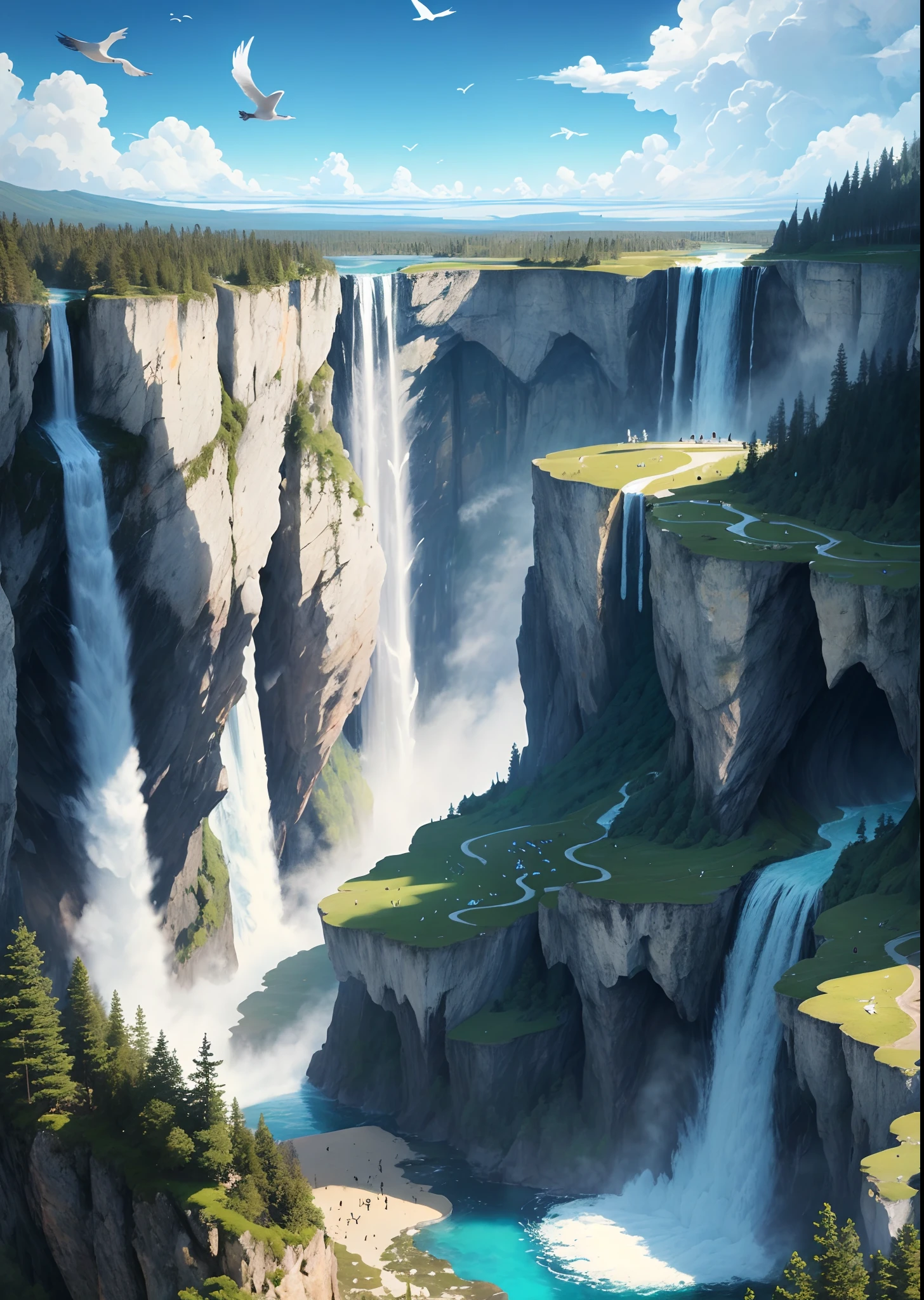 Flying on the cliff, above the very high waterfall, look down on the fluctuating pond, high sunlight, blue sky, white cloud, birds, forest, trees, 8K, masterpiece, best quality, high resolution, extremely full detailed