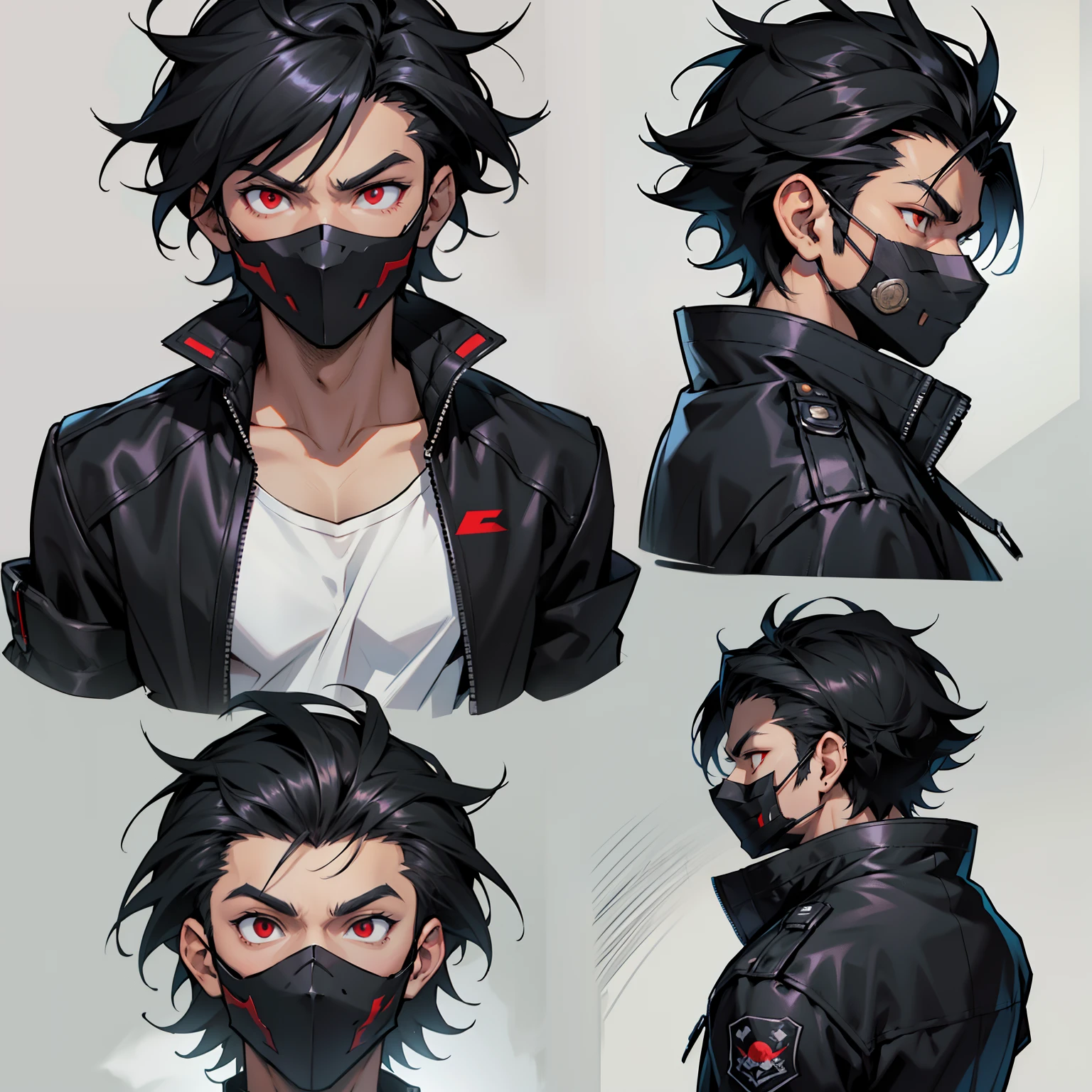 A man with a black jacket over a full white t-shirt, black ClothMask , pushed back black hair , ((character concept art)), ((character design sheet, same character, front, side, back)) maple story character art, video game character design, video game character design, expert high detail concept art, metal bullet concept art, funny character design, Black pants ,BLACK MASK IN HIS MOUTH , BLACK JACKET OVER A FULL WHITE T-SHIRT , PUSHED BACK HAIRCUT , black gloves , red eyes , Anime male style , BLACK MASK IN HIS MOUTH , BLACK JACKET OVER A FULL WHITE T-SHIRT , PUSHED BACK HAIRCUT, RED EYES , black gloves , black PUSHED BACK HAIRCUT , video game character design