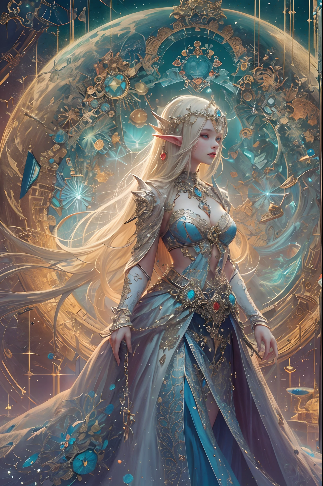 (masterpiece, top quality, best quality, official art, beautiful and aesthetic:1.2), (1 Elf girl), extremely detailed, ornate jewellery, long shapeless hair, (fractal art:1.3),colorful, cinematic illumination, ethereal background.
