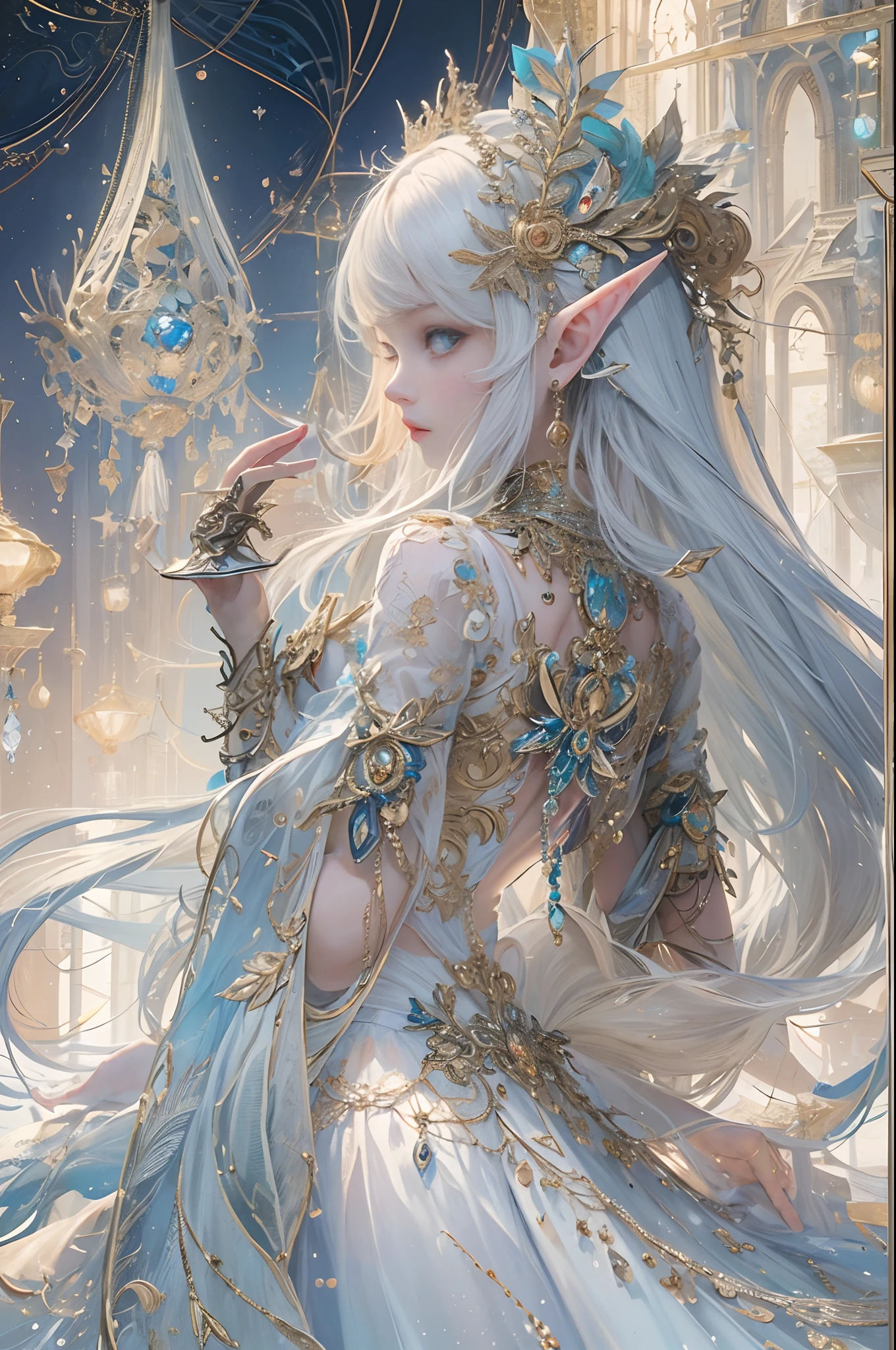 (masterpiece, top quality, best quality, official art, beautiful and aesthetic:1.2), (1 Elf girl), extremely detailed, ornate jewellery, long shapeless hair, (fractal art:1.3),colorful, cinematic illumination, ethereal background.
